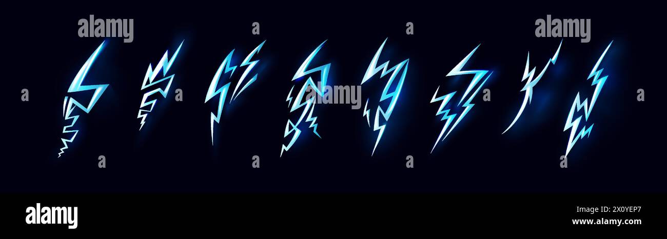 Lighting effect. Electric thunder game spark or energy flash light, blue thunderbolt fantasy form, storm power. High voltage symbol. Glossy isolated elements for decorative. Vector cartoon background Stock Vector