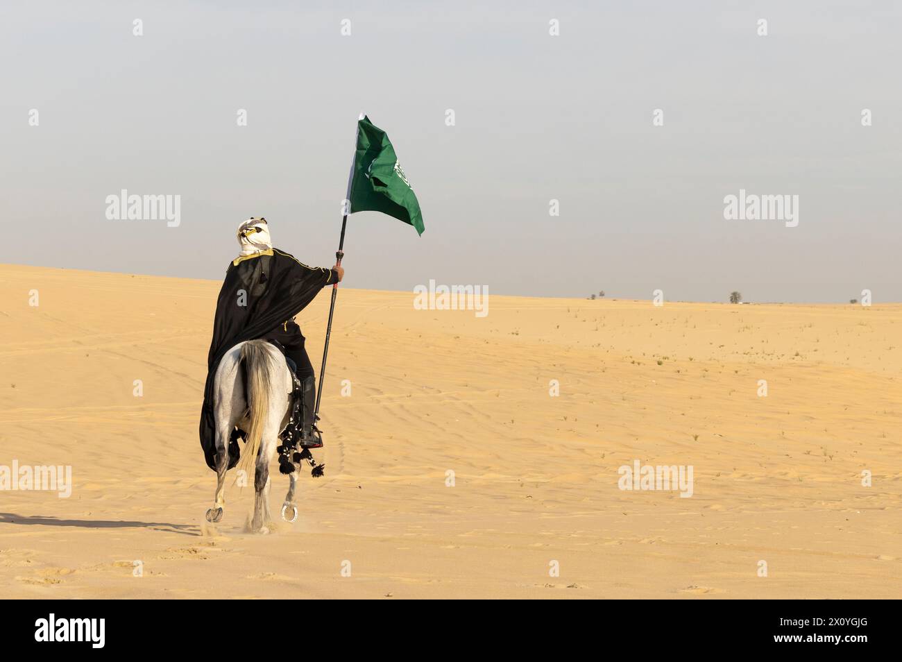 Saudi man in traditional clothing with his white stallion Stock Photo