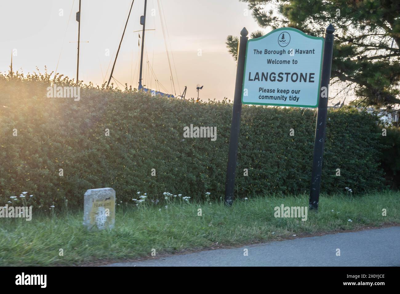 LANGSTONE, ENGLAND - 9 September 2023: Welcome to Langstone sign in Hayling Island England Stock Photo