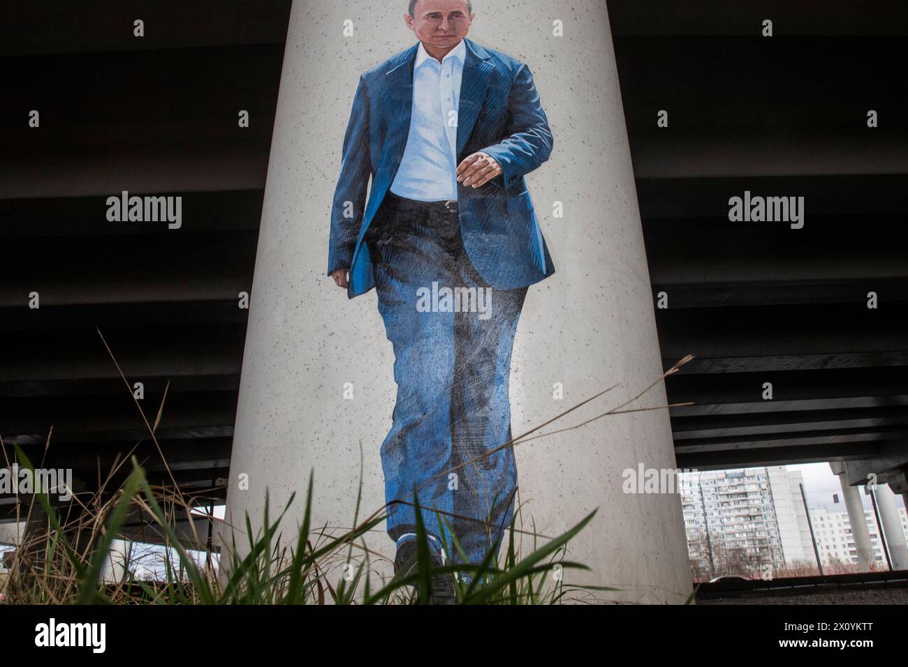Moscow, Russia. 14th of April, 2024. A view of graffiti depicting a man similar to Russian President Vladimir Putin on a column of the MKAD overpass in Moscow, Russia Stock Photo