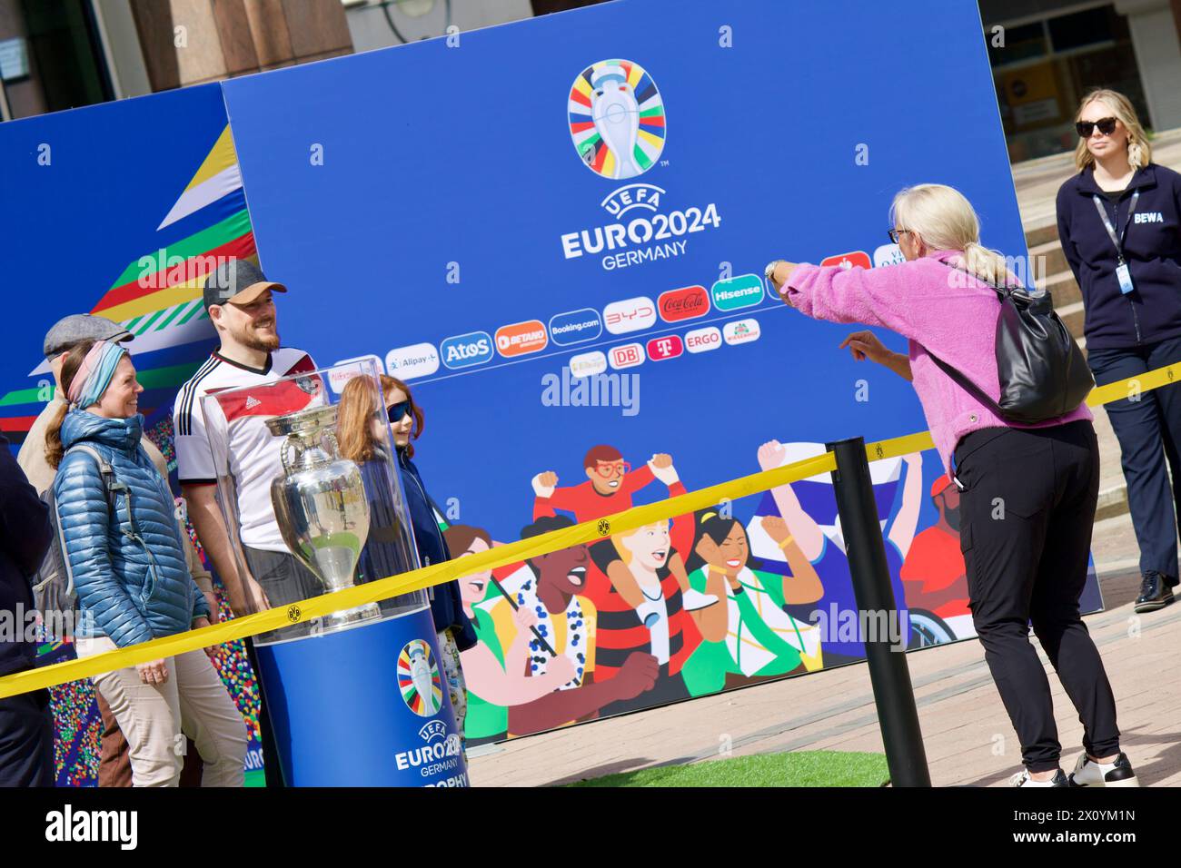 Dortmund, Germany, April 14, 2024. The European Championship trophy makes a stop on Friedensplatz in Dortmund on the “Trophy Tour”. Stock Photo