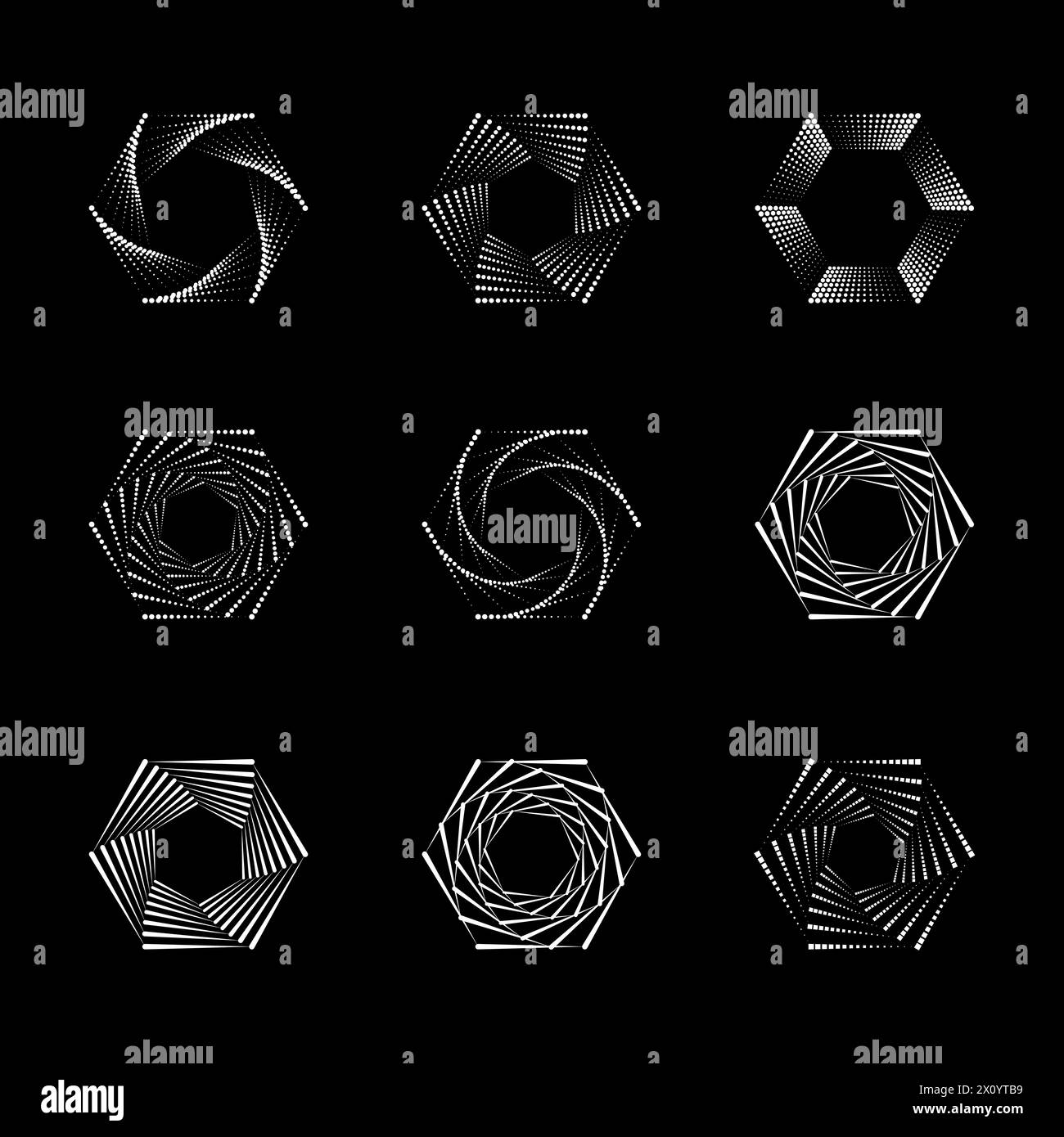 Hexagon dot halftone vortex, spiral twisted geometric shapes icon set ...