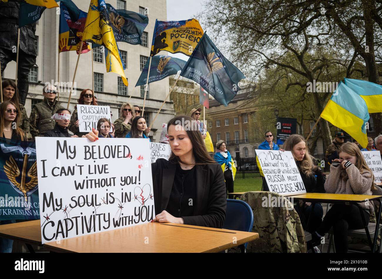London, UK, April 14th, 2024. A demonstration held opposite Downing Street, London, to highlight the plight of captured Ukrainian soldiers and the plight of Ukraine under the ongoing invasion of Ukraine by Russia. (Tennessee Jones - Alamy Live News) Stock Photo