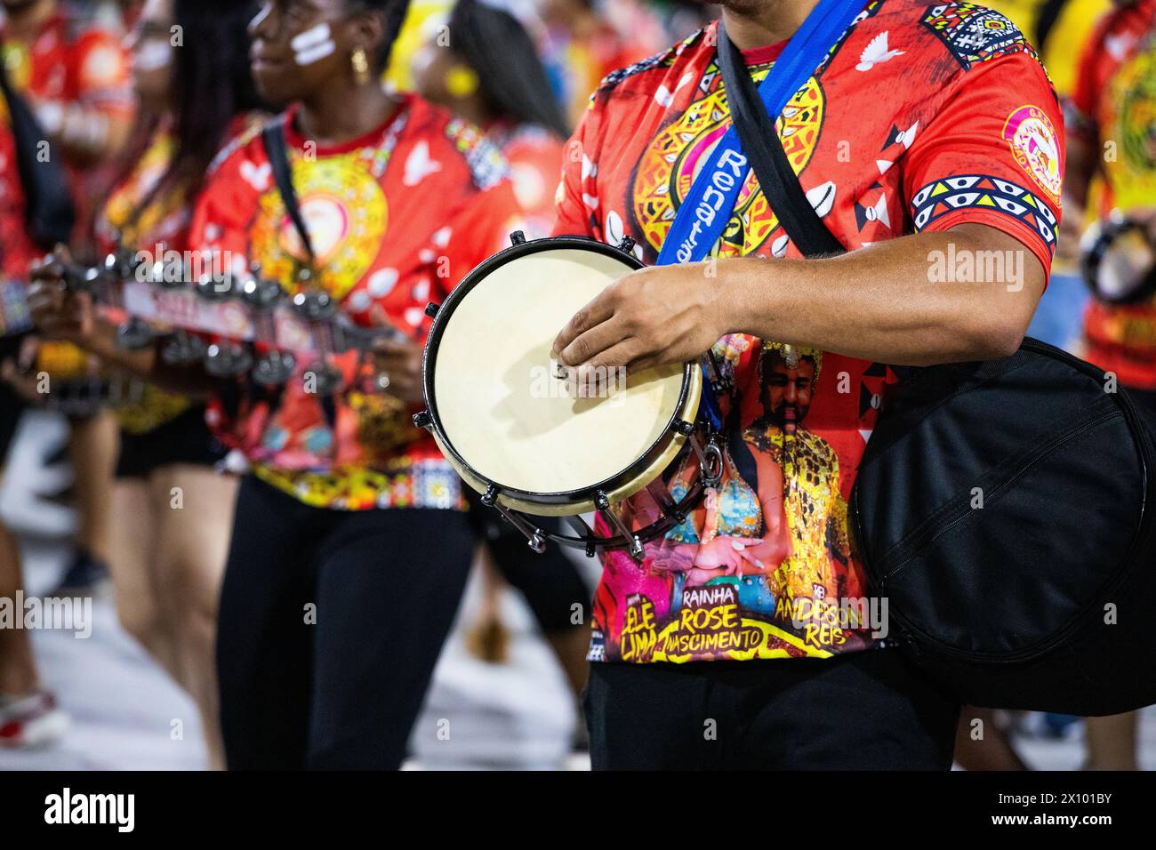 Samba school Uniao do Parque Curicica in Rio de Janeiro, Brazil - January 6, 2024: Details of the technical rehearsal of the samba school Uniao do Par Stock Photo