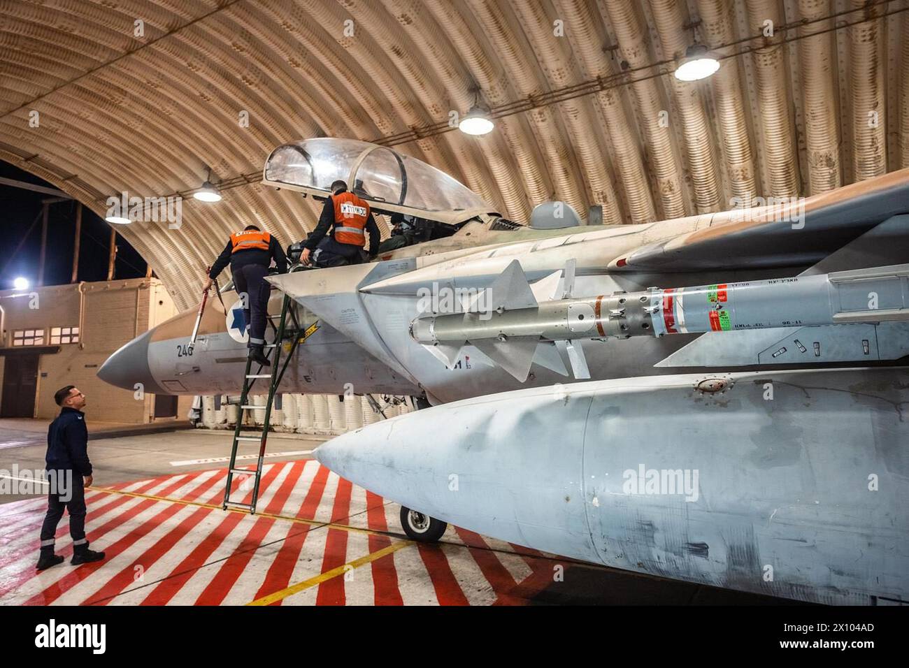 Israel. 14th Apr, 2024. Israeli F-15I Ra'am fighter jets, loaded with a mix of Python, Sidewinder, and Sparrow air-to-air missiles, are readied to prevent an Iranian attack consisting of more than 300 missiles and attack drones from reaching Israel on Saturday, April 13, 2024. The U.S. military, as part of its ironclad commitment to Israeli security, reported it shot down 70-plus Iranian drones and three ballistic missiles that night. Photo via Israel Defense Forces/UPI Credit: UPI/Alamy Live News Stock Photo