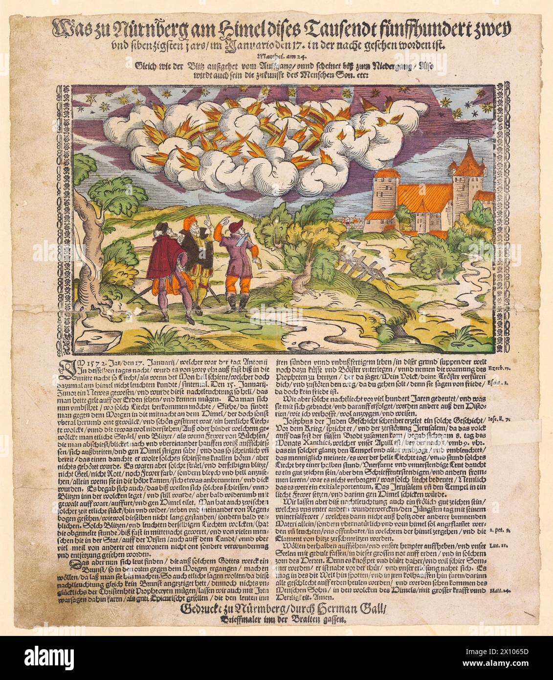 Vintage German Woodcut, 16th century depicting Celestial Phenomena. Report of a northern light over Nuremberg on January 17, 1572, in the evening from eight o'clock to around midnight. The description is at once empirical and theological.  The author compares the Northern Lights with the heavenly glow above the Temple of Jerusalem and interprets the event as a divine sign of the eschatological fire of the impending Last Judgment. Source: Zentralbibliothek Zürich, PAS II 9/1 Stock Photo