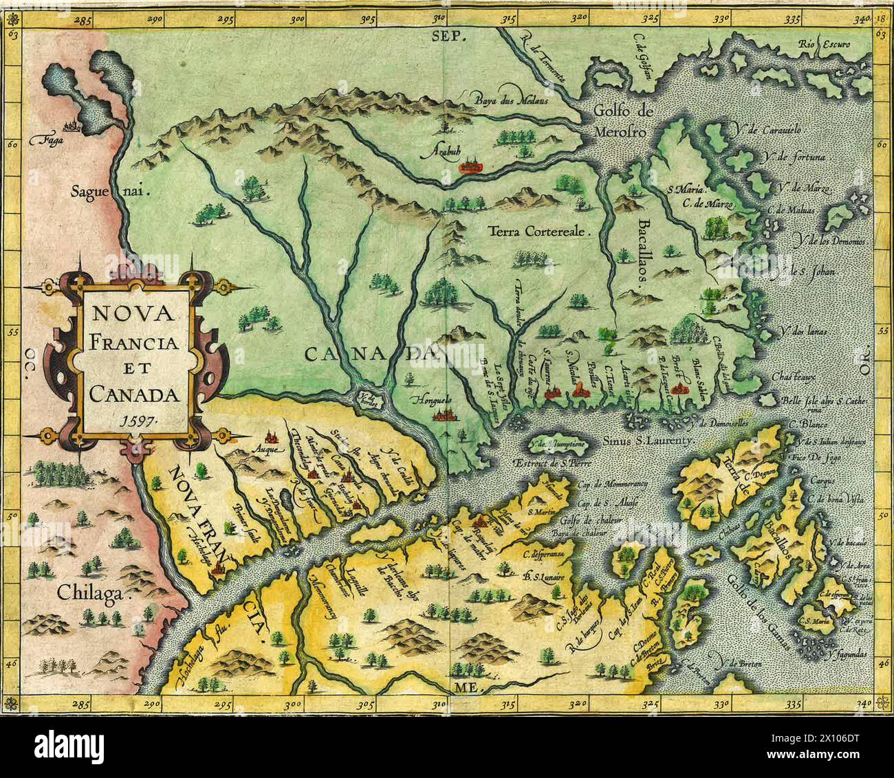 Vintage Archive Map of Canada and New France {Nova Francia et Canada}.  1597 Stock Photo