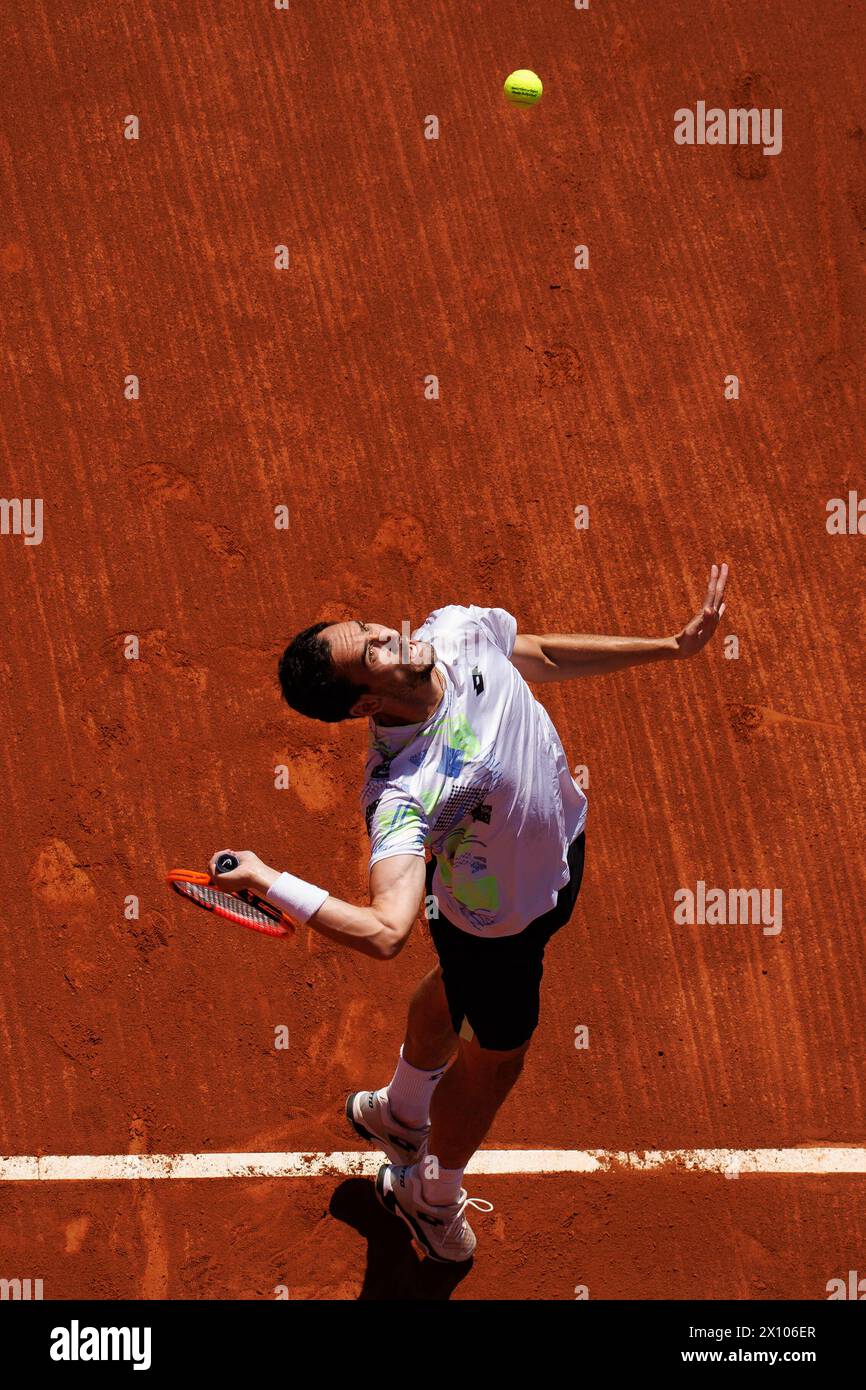 Barcelona, Spain. 14th Apr, 2024. Gianluca Mager in action during the Barcelona Open Banc de Sabadell Tennis Tournament at the Reial Club de Tennis Barcelona in Barcelona, Spain. Credit: Christian Bertrand/Alamy Live News Stock Photo