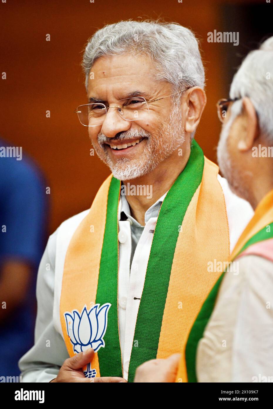 NEW DELHI, INDIA - APRIL 14: External Affaris Minister S. Jaishankar during the launch of BJP's Sankalp Patra for Lok Sabha Elections 2024 at BJP HQ, on April 14, 2024 in New Delhi, India. BJP election manifesto - “'Sankalp Patra': One nation, one election and a common electoral roll system will be introduced.' BJP also promised to introduce a law against exam paper leaks.  (Photo by Ajay Aggarwal/Hindustan Times/Sipa USA ) Stock Photo