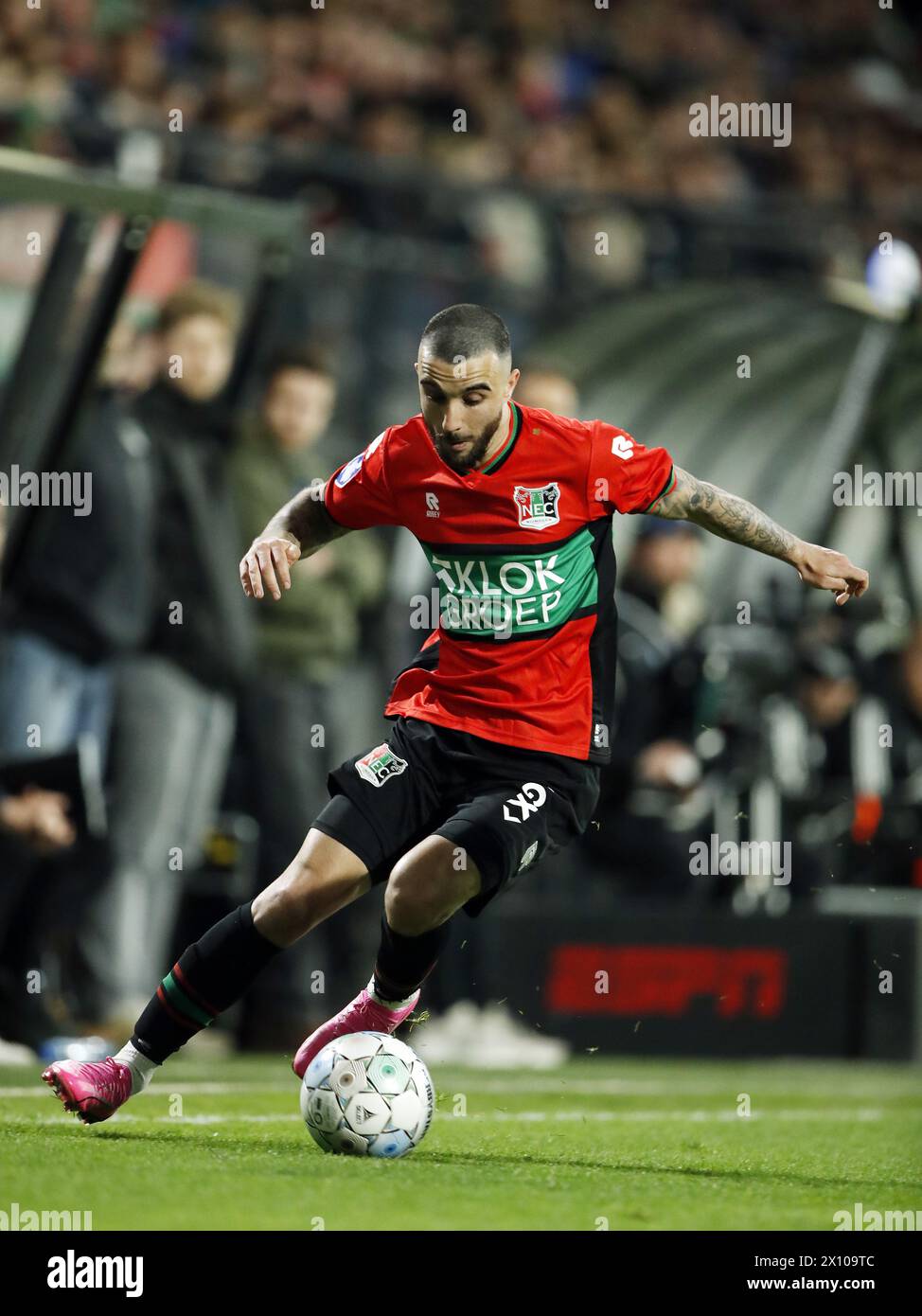 NIJMEGEN - Rober Gonzalez of NEC Nijmegen during the Dutch Eredivisie match between NEC Nijmegen and PEC Zwolle at De Goffert on April 14, 2024 in Nijmegen, Netherlands. ANP BART STOUTJESDIJK Stock Photo