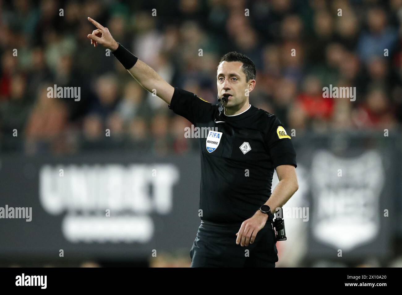 NIJMEGEN - referee Dennis Higler during the Dutch Eredivisie match between NEC Nijmegen and PEC Zwolle in De Goffert on April 14, 2024 in Nijmegen, Netherlands. ANP BART STOUTJESDIJK Stock Photo