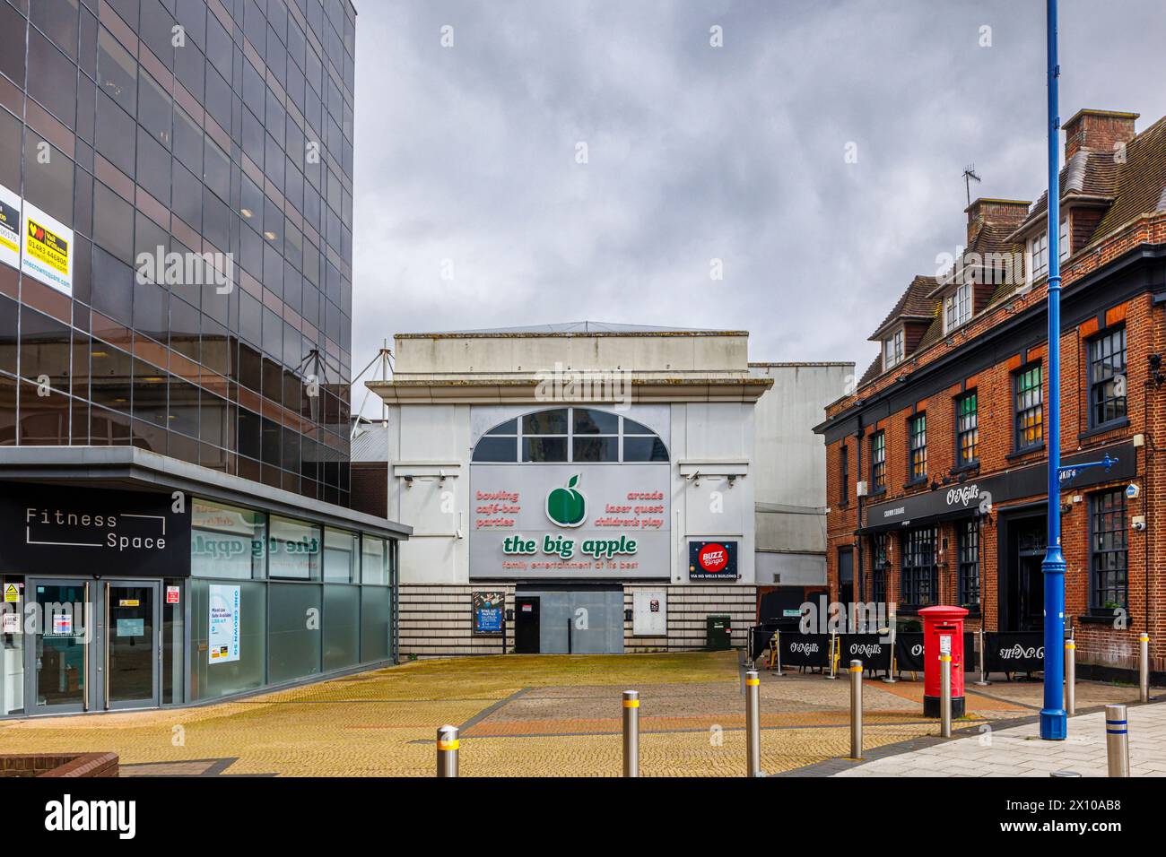 The Big Apple, a closed, boarded up and disused family entertainment centre in central Woking, a town in Surrey, England Stock Photo