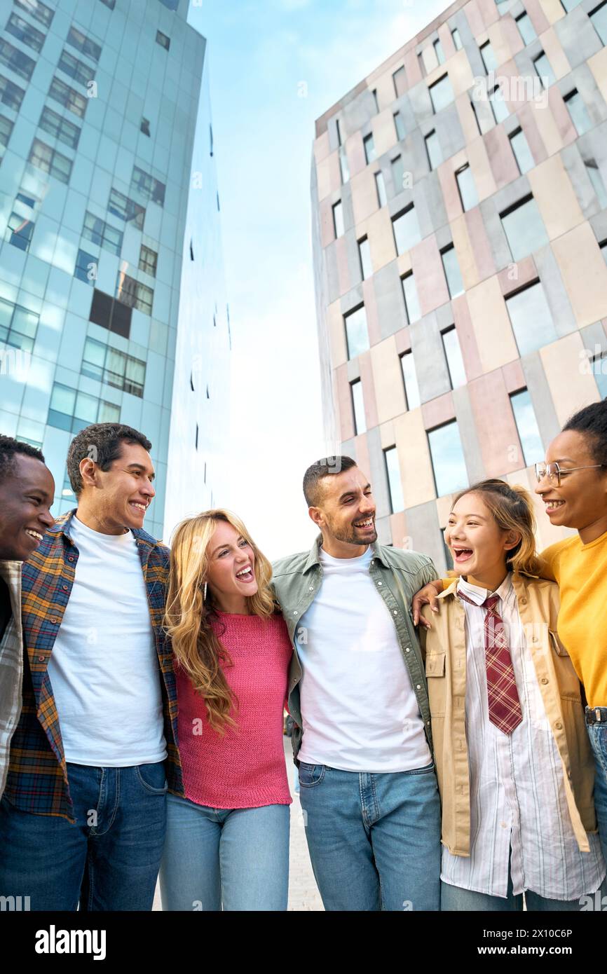 Happy group of young European student friends having fun together and ...