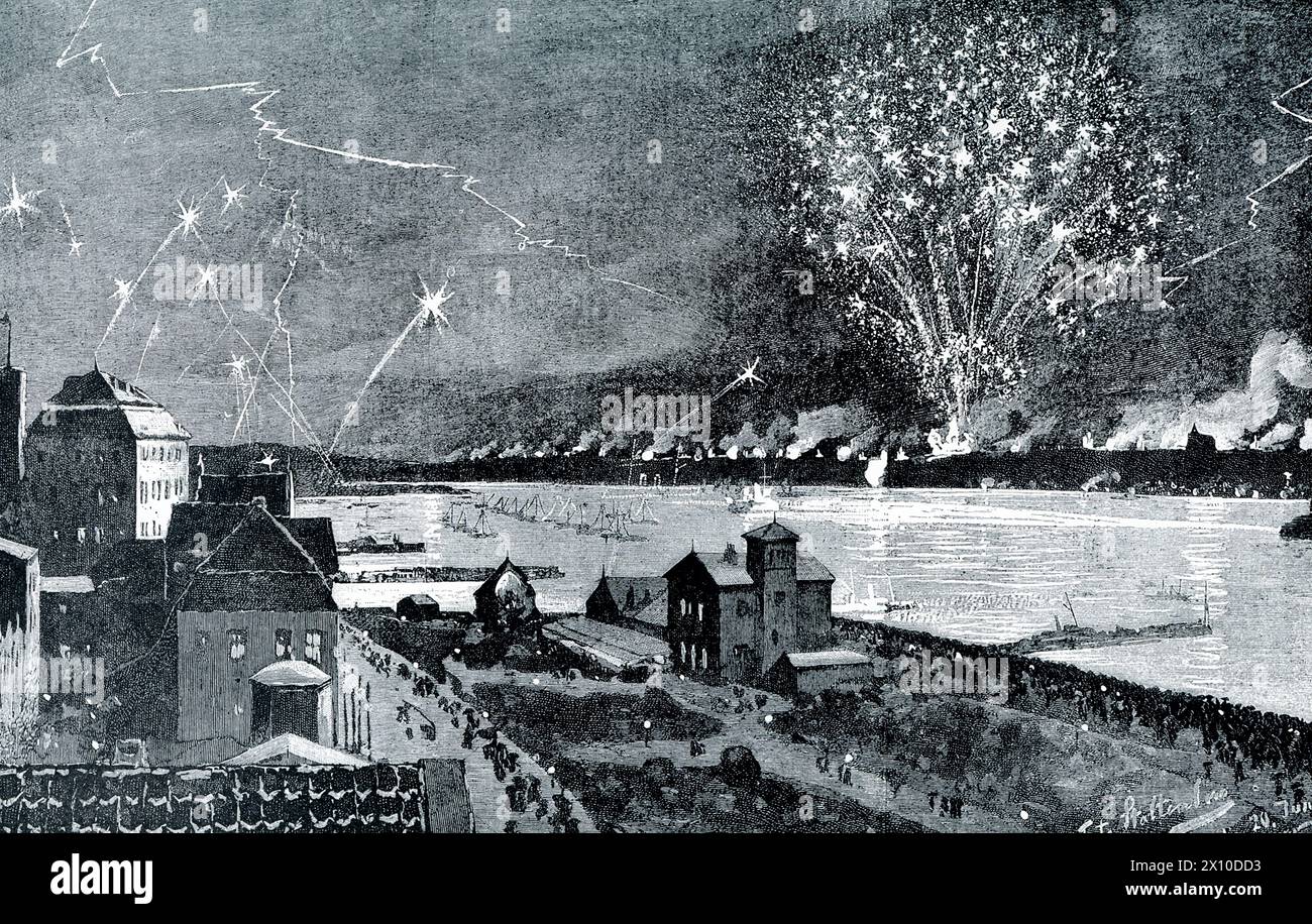 The early 1900s caption reads: 'Celebration at opening of Kiel Canal 1896. One of the most important commercial events in the late 1800s  was the opening of the Kiel Canal in 1896 by William, emperor of Germany. This canal, the work of many years, cuts through the Danish peninsula and so facilitates the trade of the Baltic Sea. Our picture shows how it was opened with feasts and fireworks and celebrations of all kinds.' Stock Photo