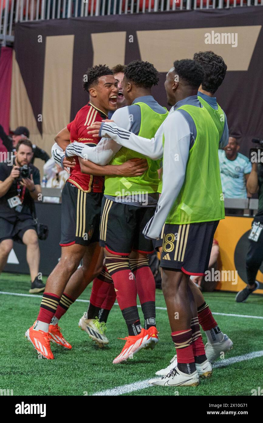 Atlanta, Georgia, USA. 14th Apr, 2024. Caleb Wiley 63' goal celebrating with Atlanta United (Credit Image: © Andrew Clark/ZUMA Press Wire) EDITORIAL USAGE ONLY! Not for Commercial USAGE! Stock Photo