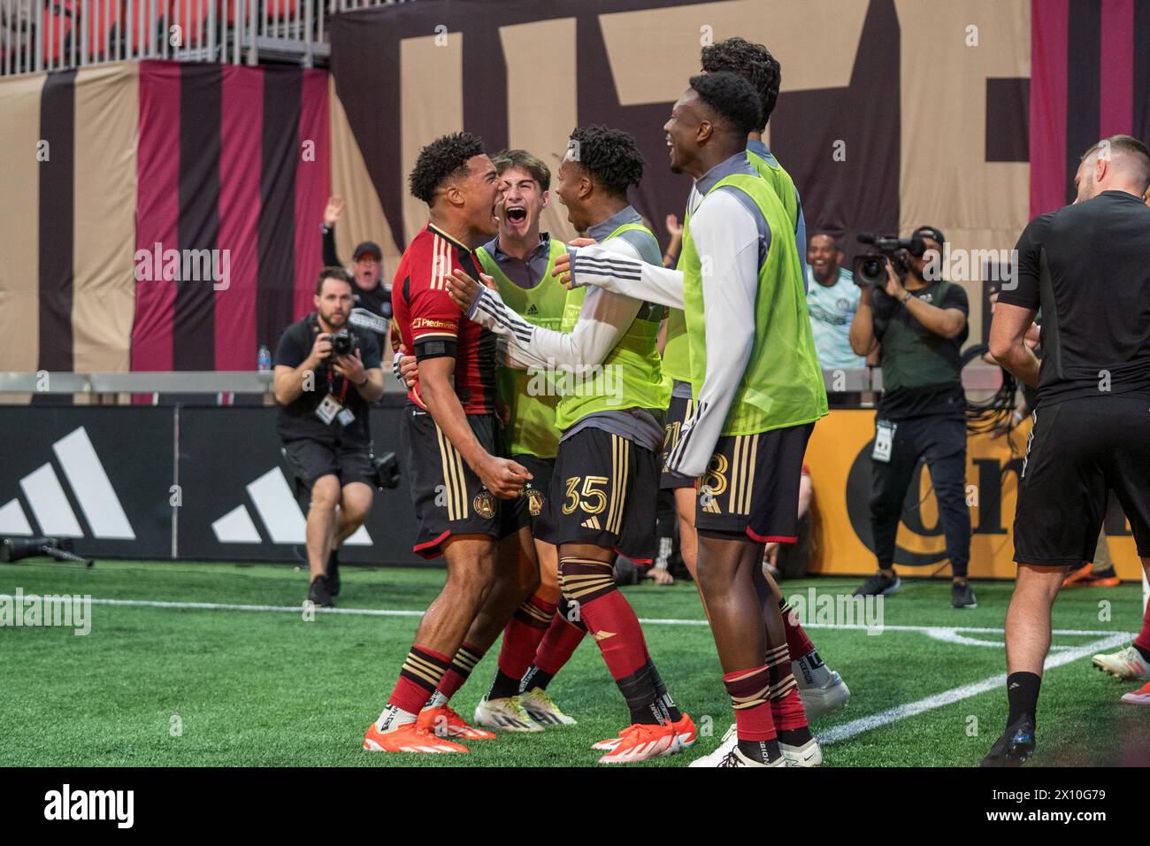 Atlanta, Georgia, USA. 14th Apr, 2024. Caleb Wiley 63' goal celebrating with his team (Credit Image: © Andrew Clark/ZUMA Press Wire) EDITORIAL USAGE ONLY! Not for Commercial USAGE! Stock Photo