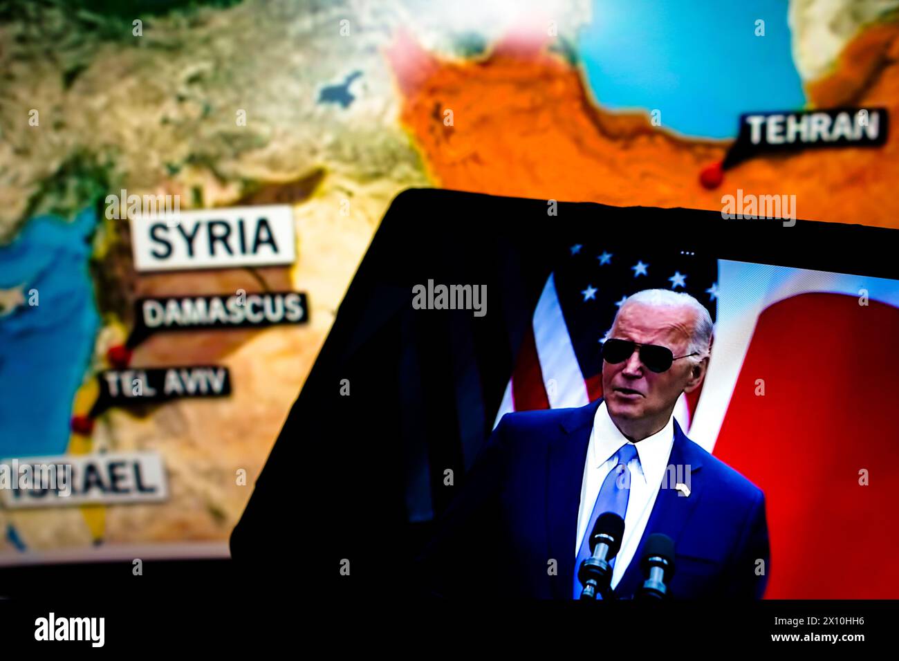 Brazil. 14th Apr, 2024. In this photo illustration, the President of the United States, Joe Biden, appears talking about the war between Iran and Israel, in a video from the Wall Street Journal on a smartphone screen. (Photo by Rafael Henrique/SOPA Images/Sipa USA) *** Strictly for editorial news purposes only *** Credit: Sipa USA/Alamy Live News Stock Photo