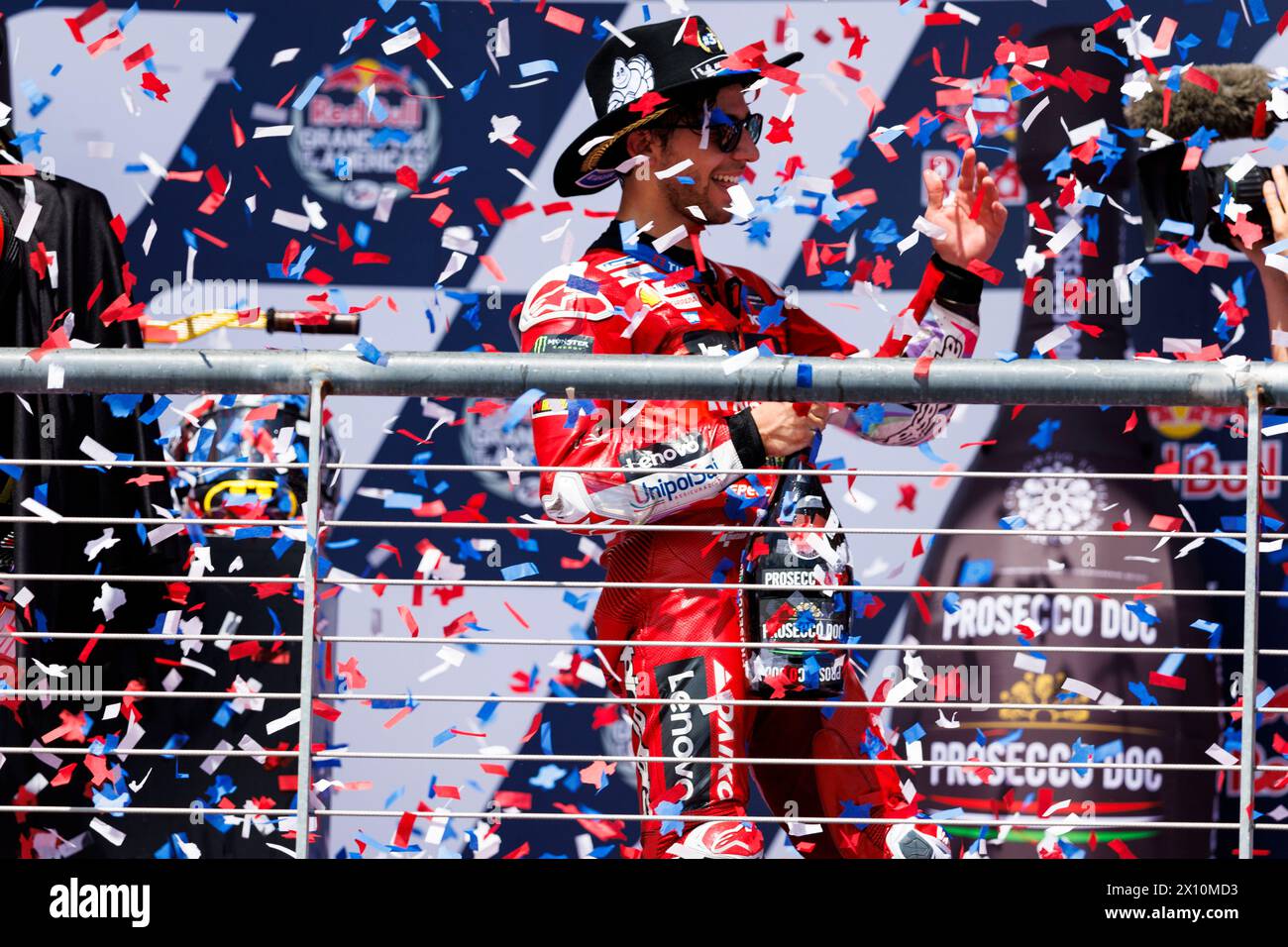 14th April 2024; Circuit Of The Americas, Austin, Texas, USA; 2024 MotoGP Red Bull Grand Prix of The Americas Race Day; Number 23 Ducati Lenovo Team rider Enea Bastianini celebrates a podium after the race at the Circuit of Americas MotoGP Stock Photo