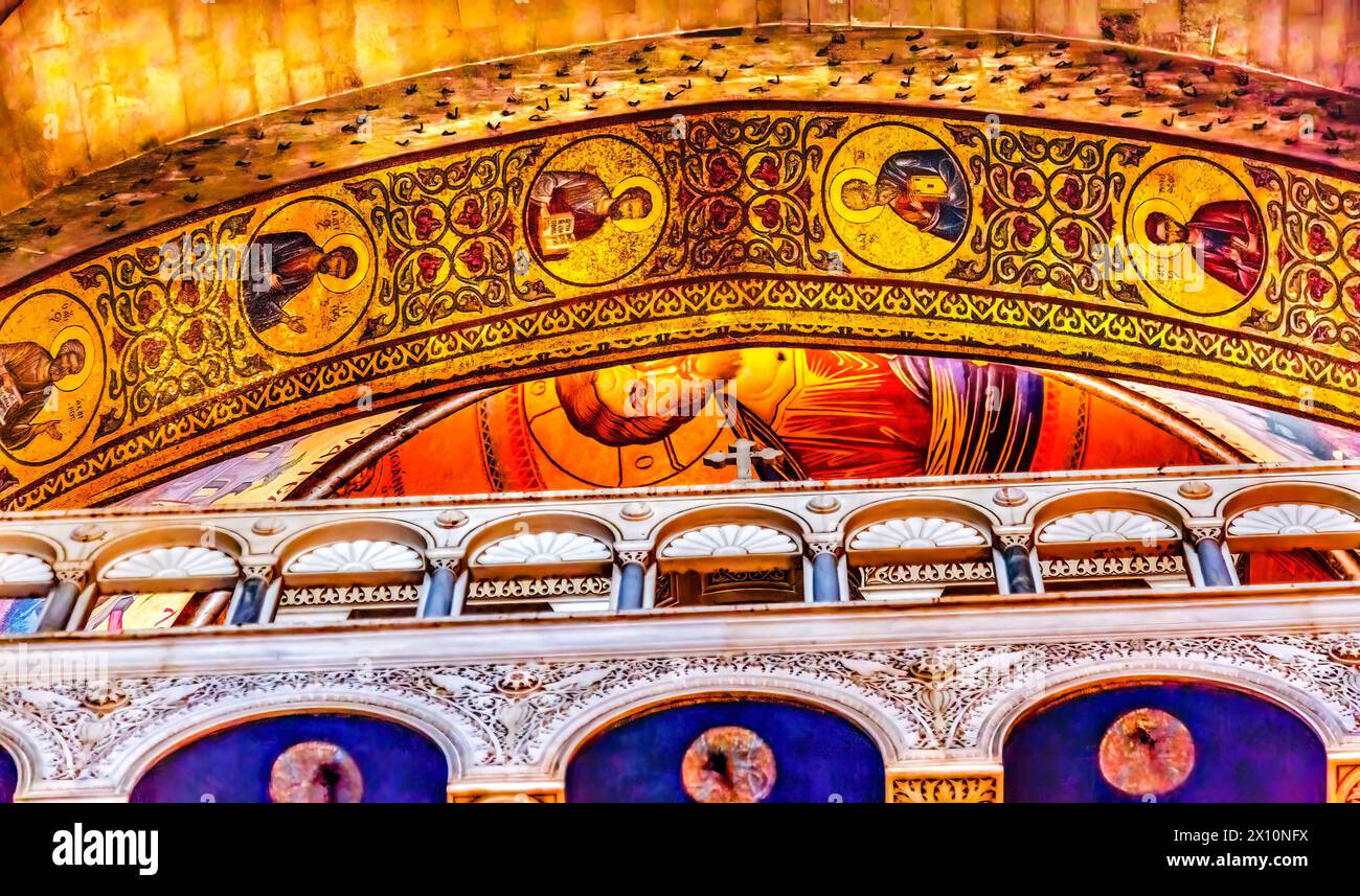 Arches Dome Crusader Church of the Holy Sepulchre Jerusalem Israel.  Church expanded in 1170 AD contains Jesus Tomb Crucifixion and Crucifixion sites. Stock Photo