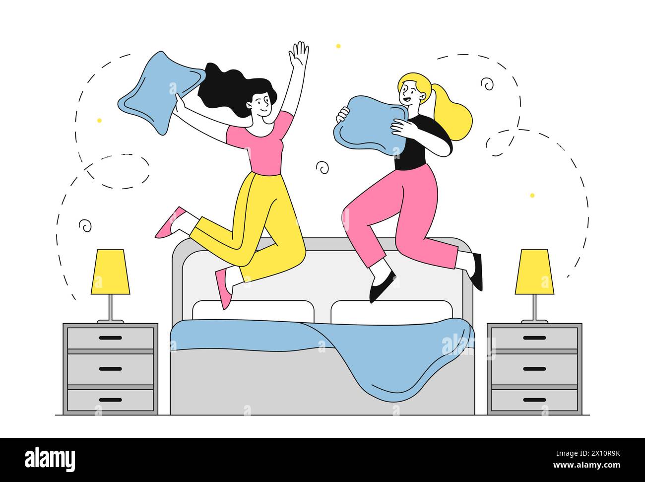 Women with pillow fight vector linear Stock Vector