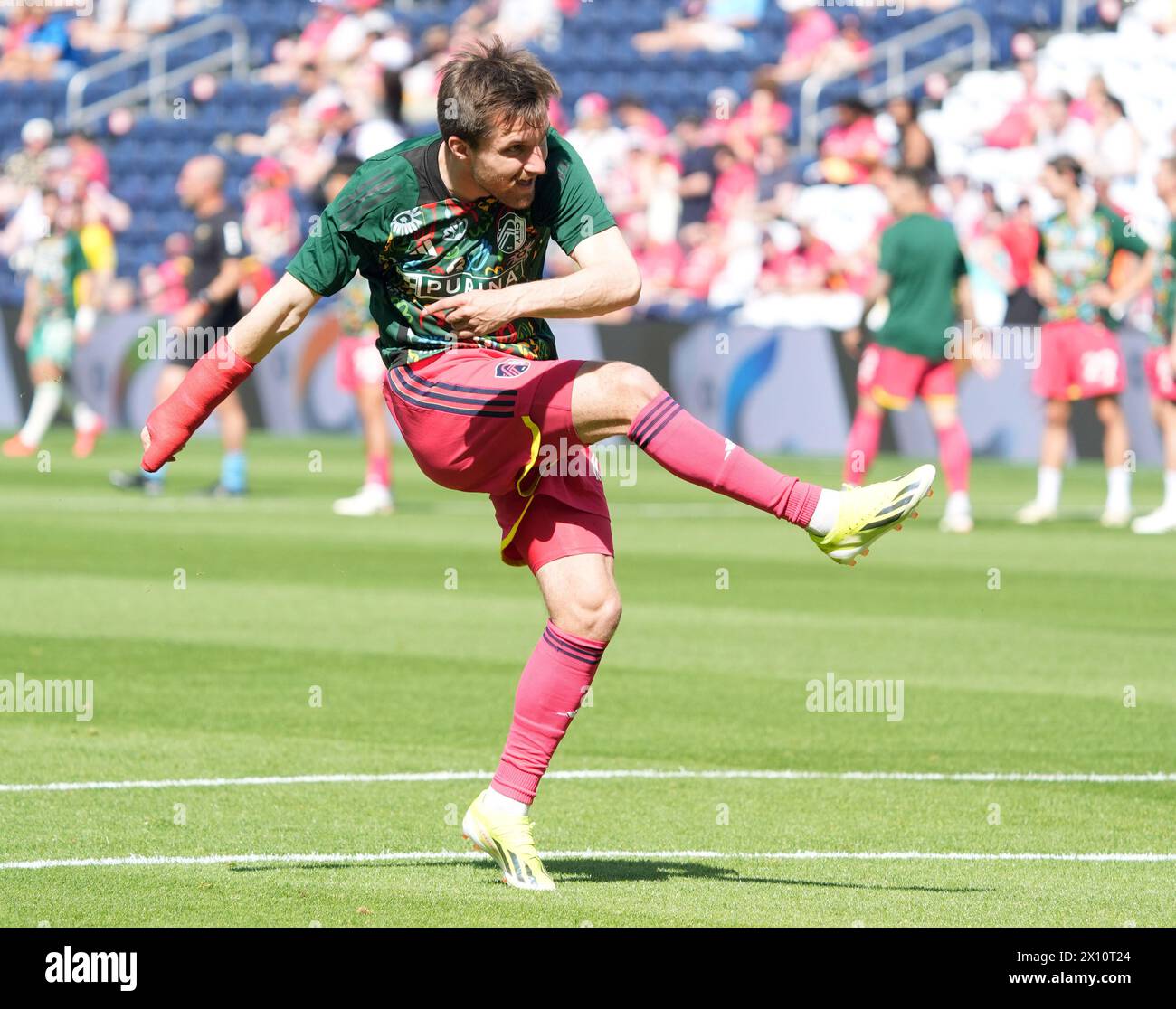 St. Louis, United States. 14th Apr, 2024. St. Louis City SC Indiana Vassilev takes a practice kick before a game against Austin FC at Citypark in St. Louis on Sunday, April 14, 2024. Photo by Bill Greenblatt/UPI Credit: UPI/Alamy Live News Stock Photo