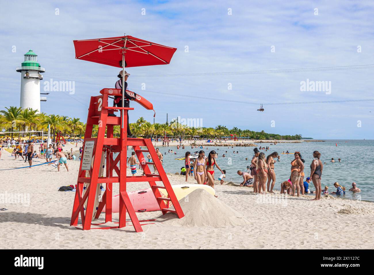 Harvest Caye Island Belize,Norwegian Joy Cruise Line ship,7-day Caribbean Sea itinerary,private privately owned beach,lighthouse Flighthouse zip line, Stock Photo