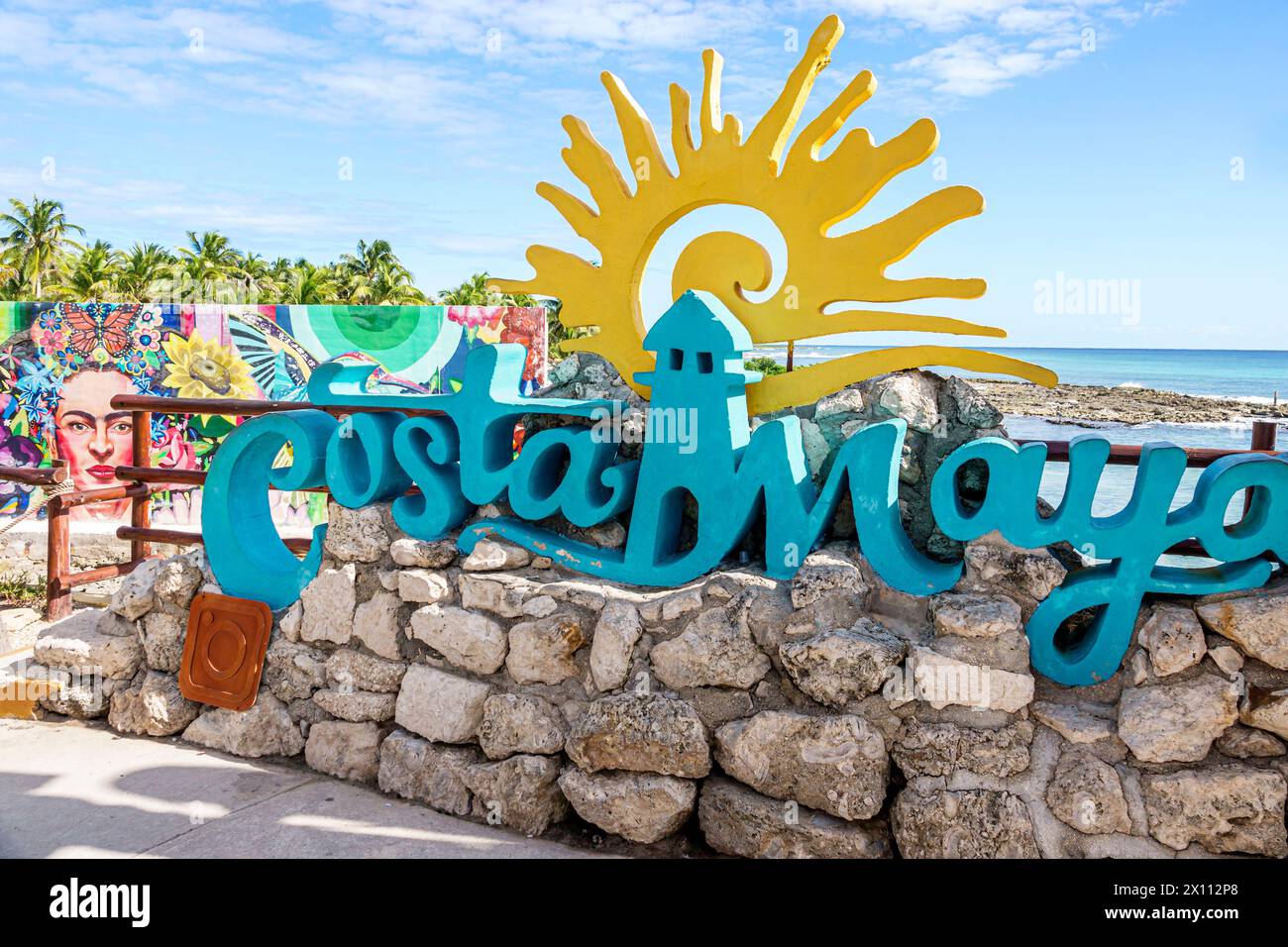 Costa Maya Beach Mexico,Cruise Port,Norwegian Joy Cruise Line ship,7-day Caribbean Sea itinerary,giant sign,photo opportunity,visitors visiting travel Stock Photo