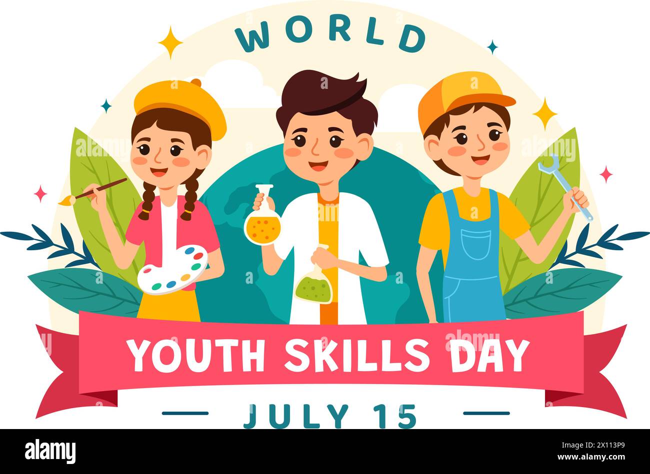 World Youth Skills Day Vector Illustration of People with Skills for Various Employment and Entrepreneurship in Flat Kids Cartoon Background Design Stock Vector