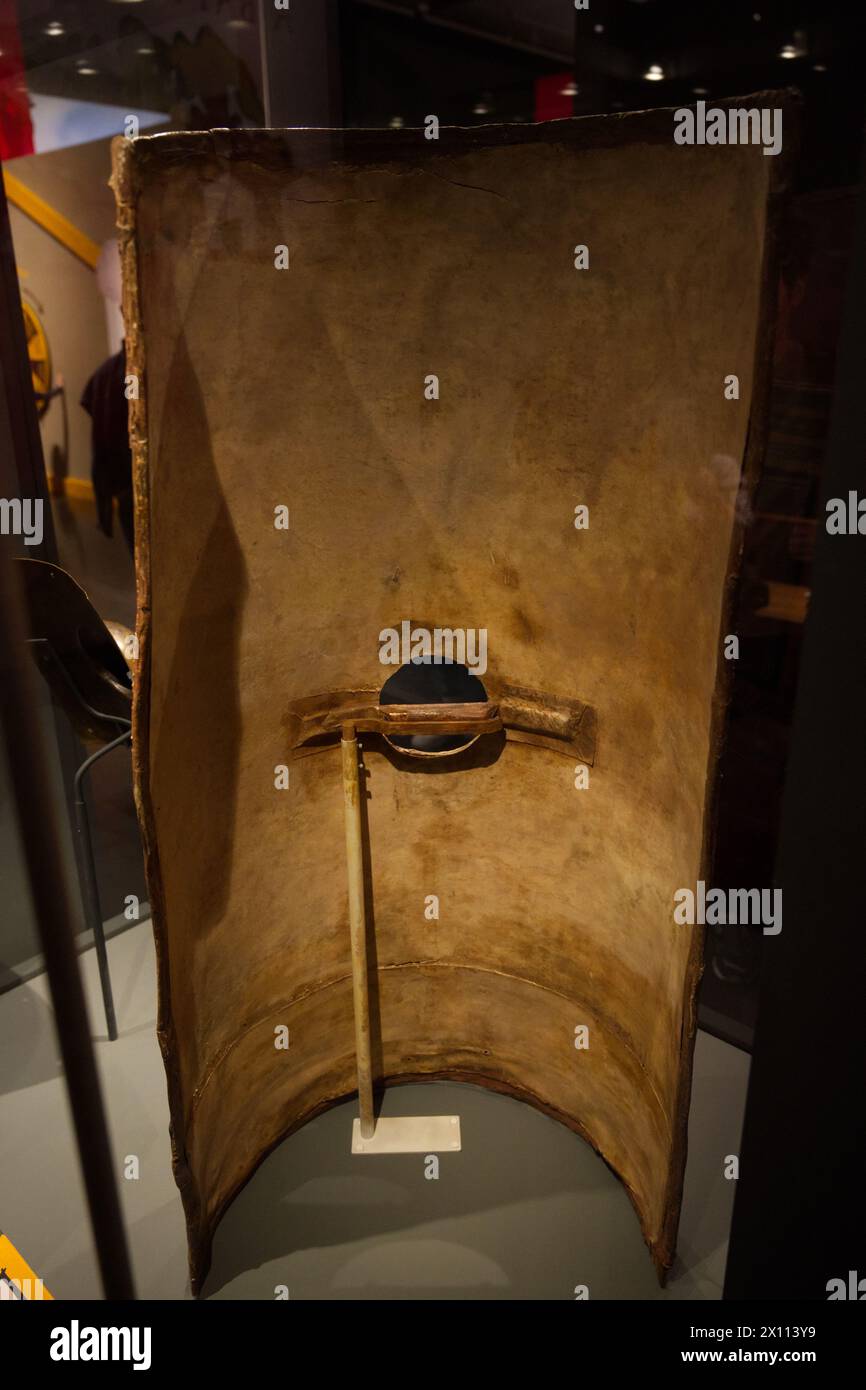 This is the only complete surviving Roman legionary long shield (scutum), wood, leather and bronze, Dura-Europos, Syria. Early AD 200s Stock Photo