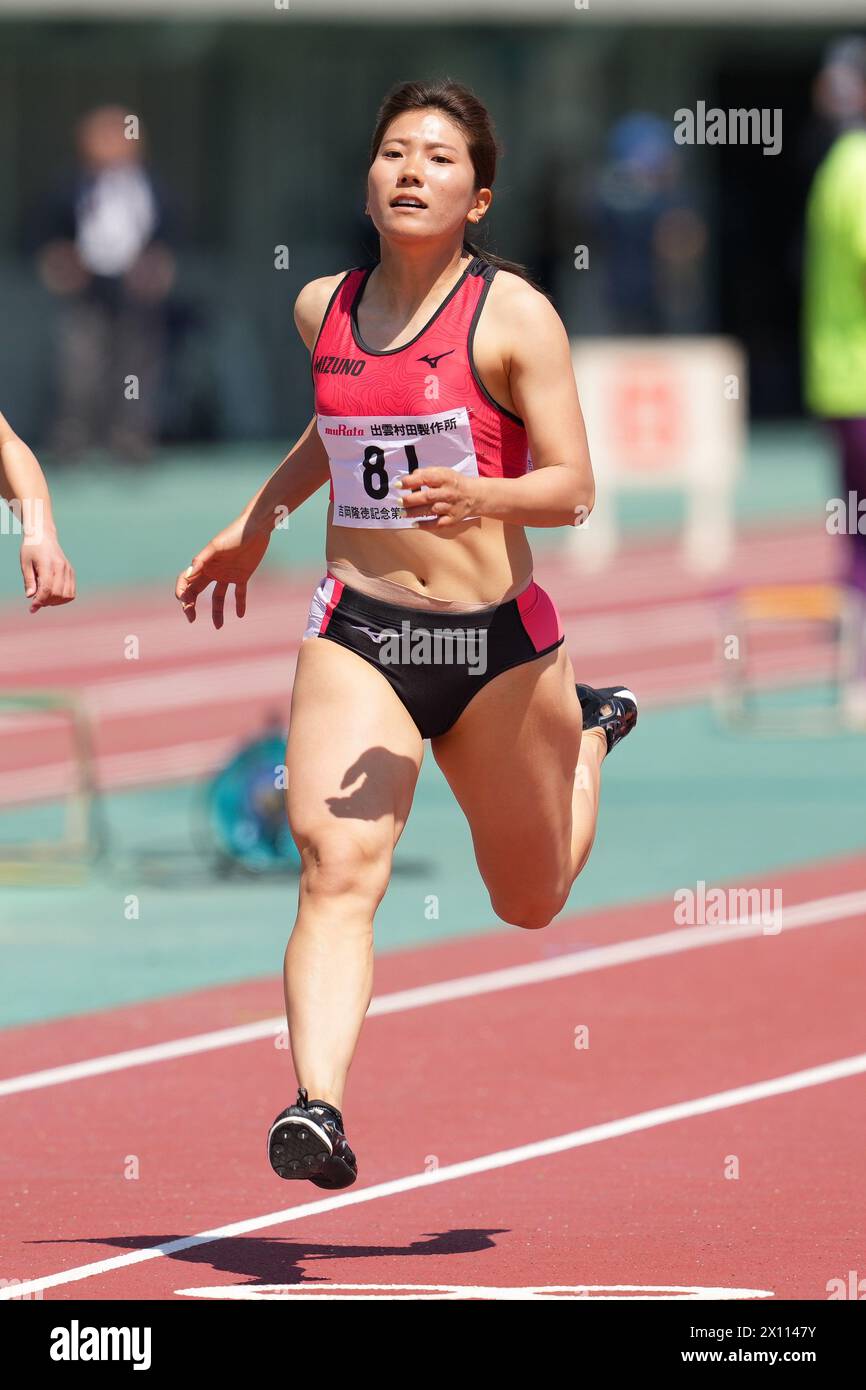 Shimane, Japan. 14th Apr, 2024. Mei Kodama Athletics : 78th Izumo Meet YOSHIOKA SPRINT Women's 100m challenge race at Hamayama Park Athletic Stadium in Shimane, Japan . Credit: AFLO SPORT/Alamy Live News Stock Photo