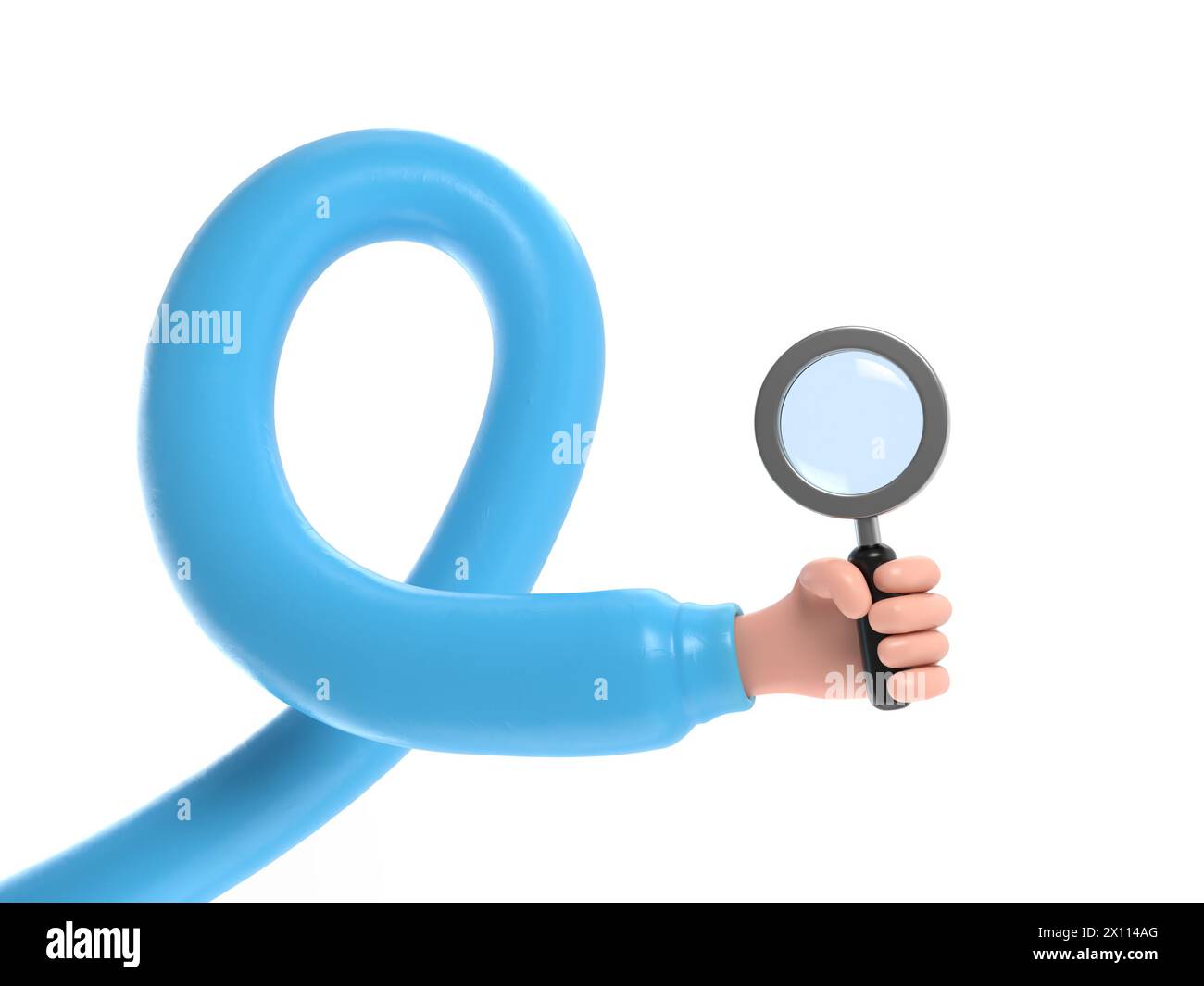Cartoon Gesture Icon Mockup.Cartoon character hand in medical glove holding magnifier.3D rendering on white background.long arms concept. Stock Photo