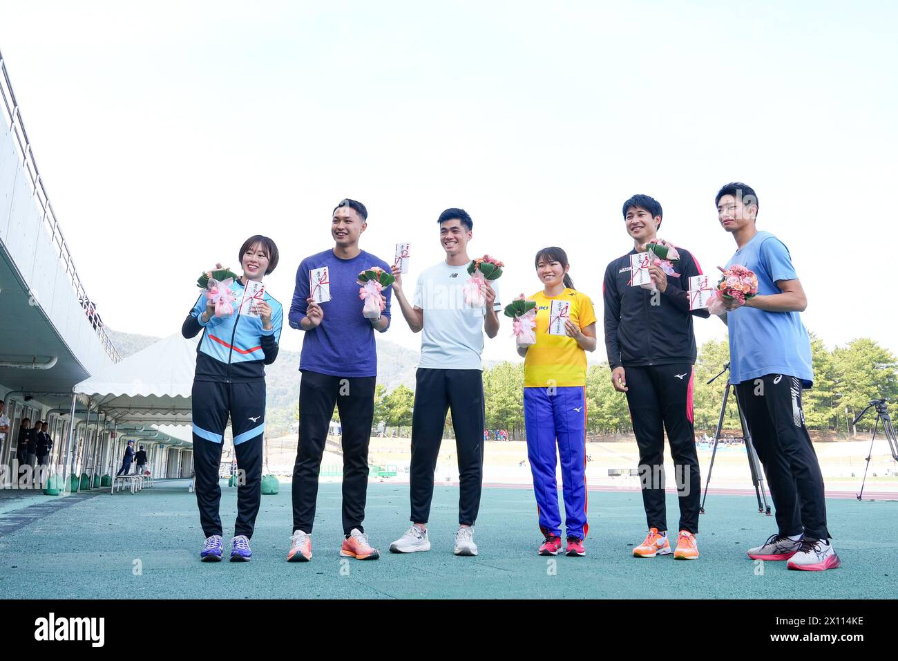 Shimane, Japan. 14th Apr, 2024. (L-R) Shuri Aono, Kotaro Yamaji, Yudai Nishi, Yuna Iwata, Shota Iizuka, Takuho Yoshizu Athletics : 78th Izumo Meet YOSHIOKA SPRINT Award Ceremony at Hamayama Park Athletic Stadium in Shimane, Japan . Credit: AFLO SPORT/Alamy Live News Stock Photo