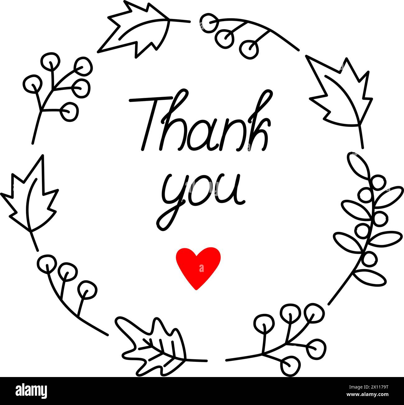 Lettering Thank you with red heart shape in decorative autumn wreath of twigs in minimalistic style Line art Vector Thanksgiving greetings Calligraphic idea for cards, poster, print or web Isolate EPS Stock Vector