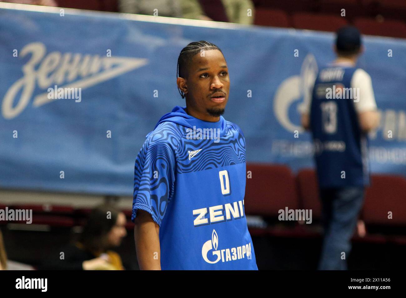 Saint Petersburg, Russia. 14th Apr, 2024. Trent Frazier (0) of Zenit Saint Petersburg in action during the VTB United League basketball match, Regular Season, between Zenit Saint Petersburg and Parma Permat 'kck Arena'. Final score; Zenit 77:66 Parma. Credit: SOPA Images Limited/Alamy Live News Stock Photo