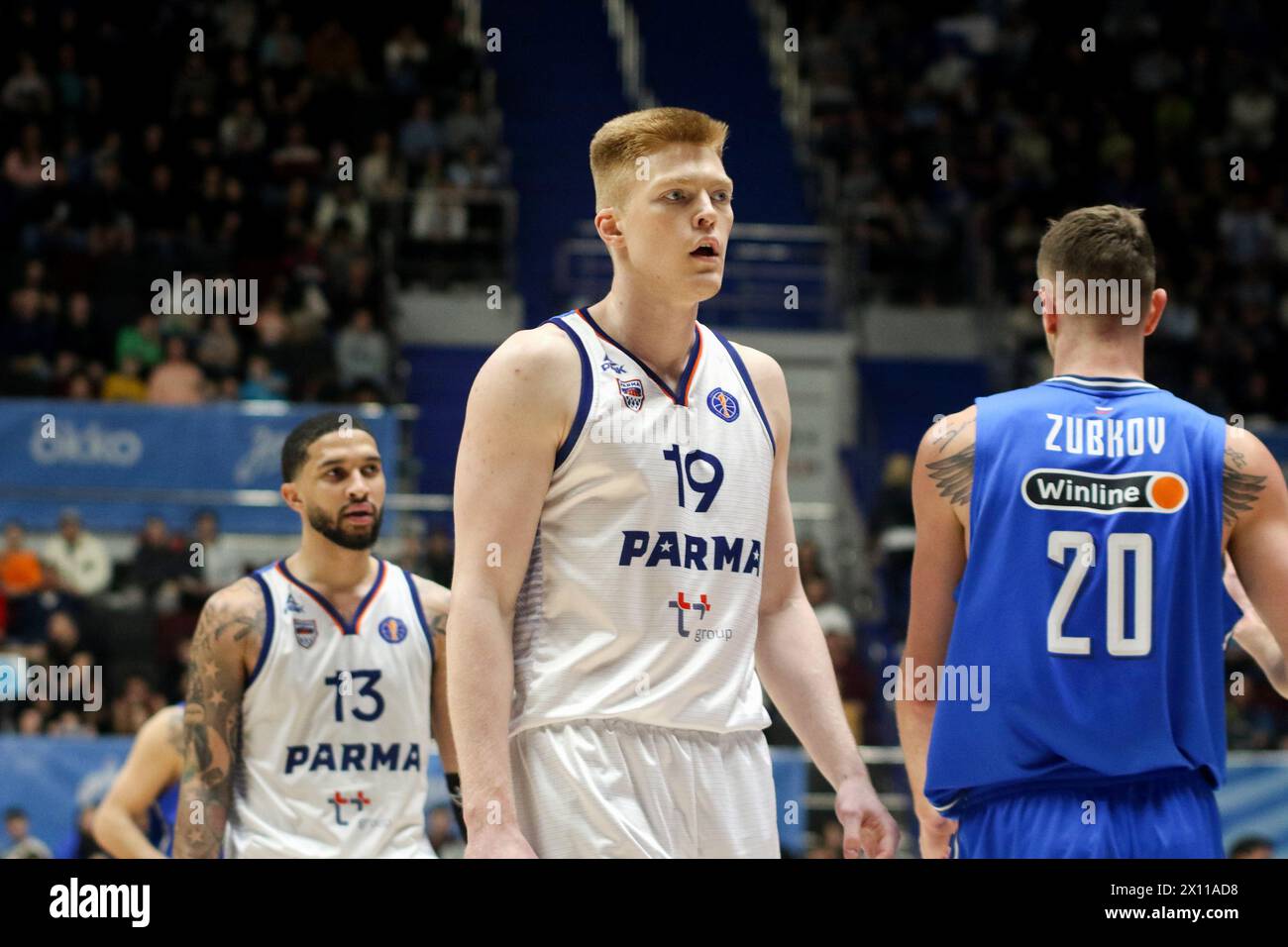 Saint Petersburg, Russia. 14th Apr, 2024. Dmitry Khalturin (19) of Parma Perm in action during the VTB United League basketball match, Regular Season, between Zenit Saint Petersburg and Parma Permat 'kck Arena'. Final score; Zenit 77:66 Parma. Credit: SOPA Images Limited/Alamy Live News Stock Photo