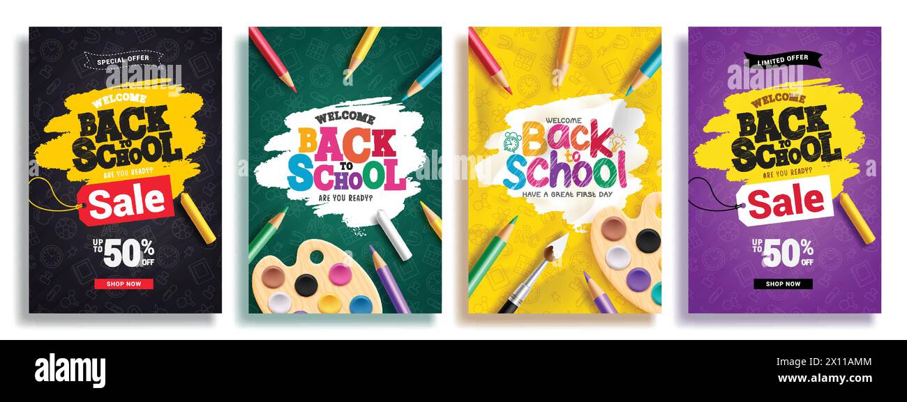 Back to school sale vector poster set. Welcome back to school greeting ...