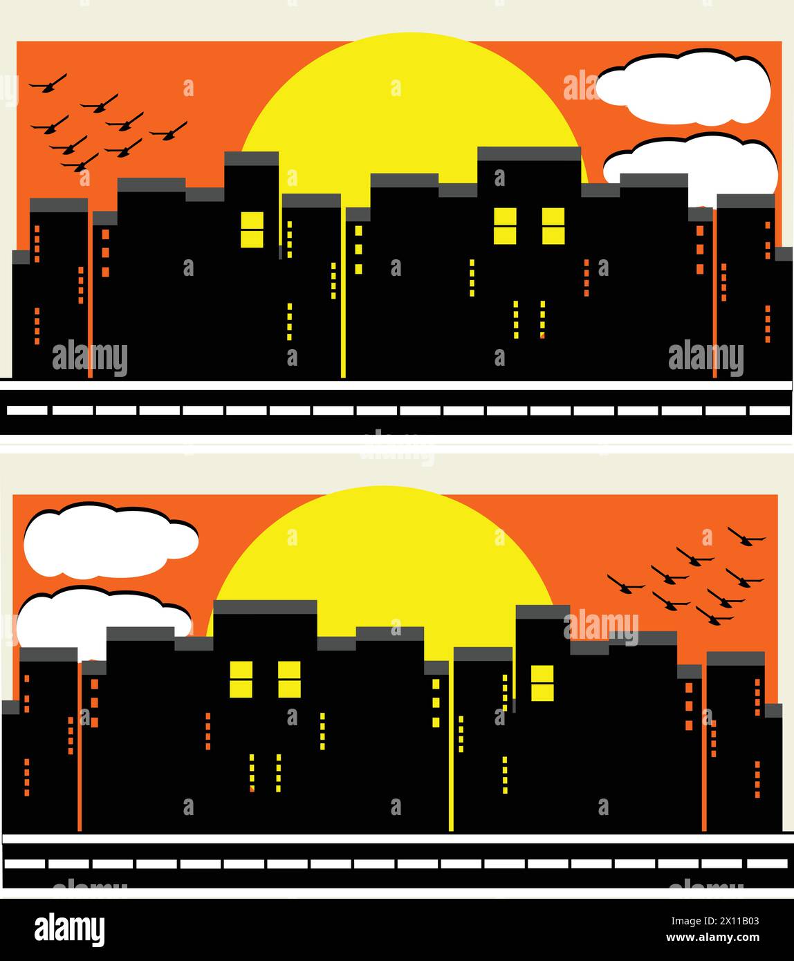 Cityscape and sunset. Vector illustration in flat style. Cityscape ...