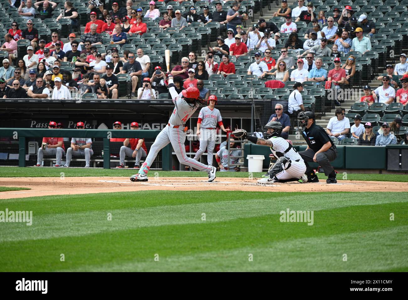 Chicago, United States. 14th Apr, 2024. Elly De La Cruz #44 of the Cincinnati Reds at bat during Sunday's Major League Baseball game where the Cincinnati Reds are playing against the Chicago White Sox at Guaranteed Rate Field in Chicago, Illinois, United States on April 14, 2024. The Cincinnati Reds swept the Chicago White Sox for all three games of the series, they won Sunday's game with a score of 11-4. Credit: SOPA Images Limited/Alamy Live News Stock Photo