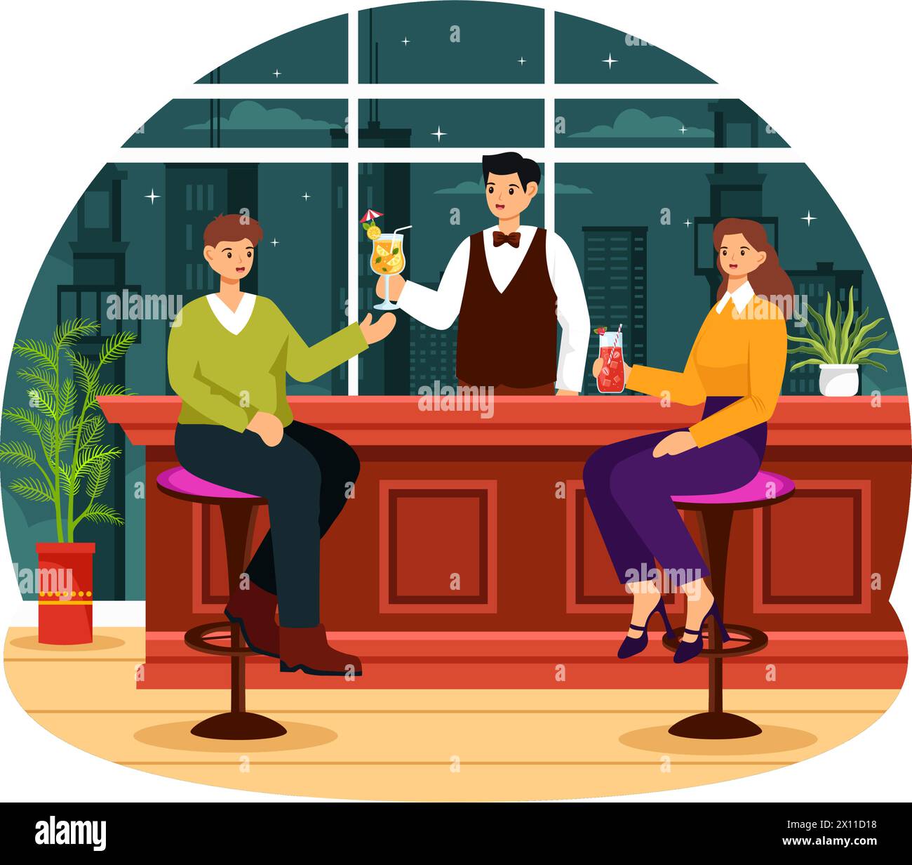 Cocktail Bar or Nightclub Vector Illustration of Friends Hanging Out with Alcoholic Fruit Juice Drinks or Cocktails in Flat Cartoon Background Stock Vector