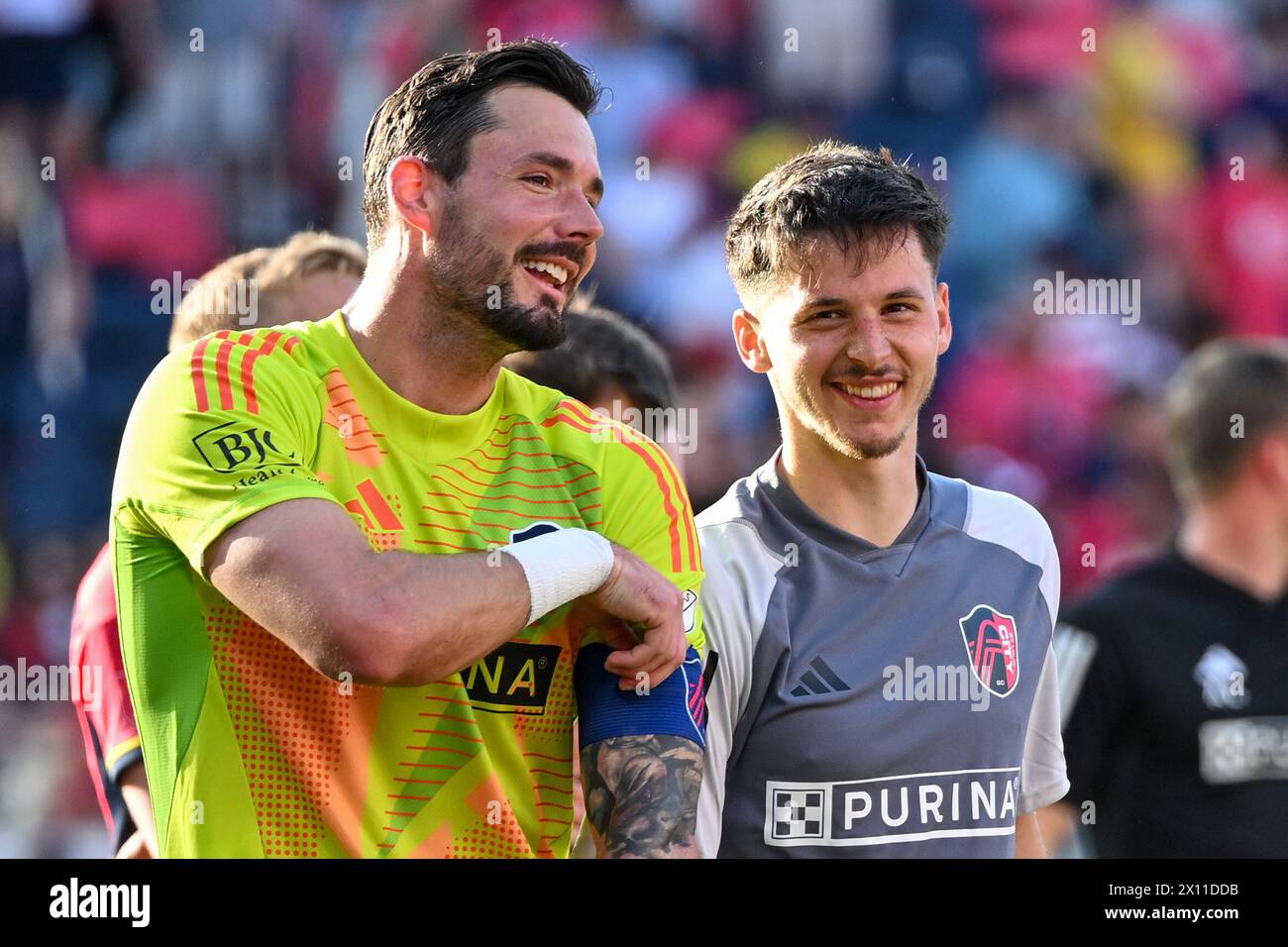 St. Louis, Missouri, USA. 14th Apr, 2024. St. Louis City SC goalkeeper ROMAN BURKI (1) and St. Louis City SC midfielder TOMAS OSTRAK (7) are all smiles after St. Louis City SC defeated Austin FC 1-0 at CITYPARK in St. Louis, MO. (Credit Image: © Sven White/ZUMA Press Wire) EDITORIAL USAGE ONLY! Not for Commercial USAGE! Stock Photo