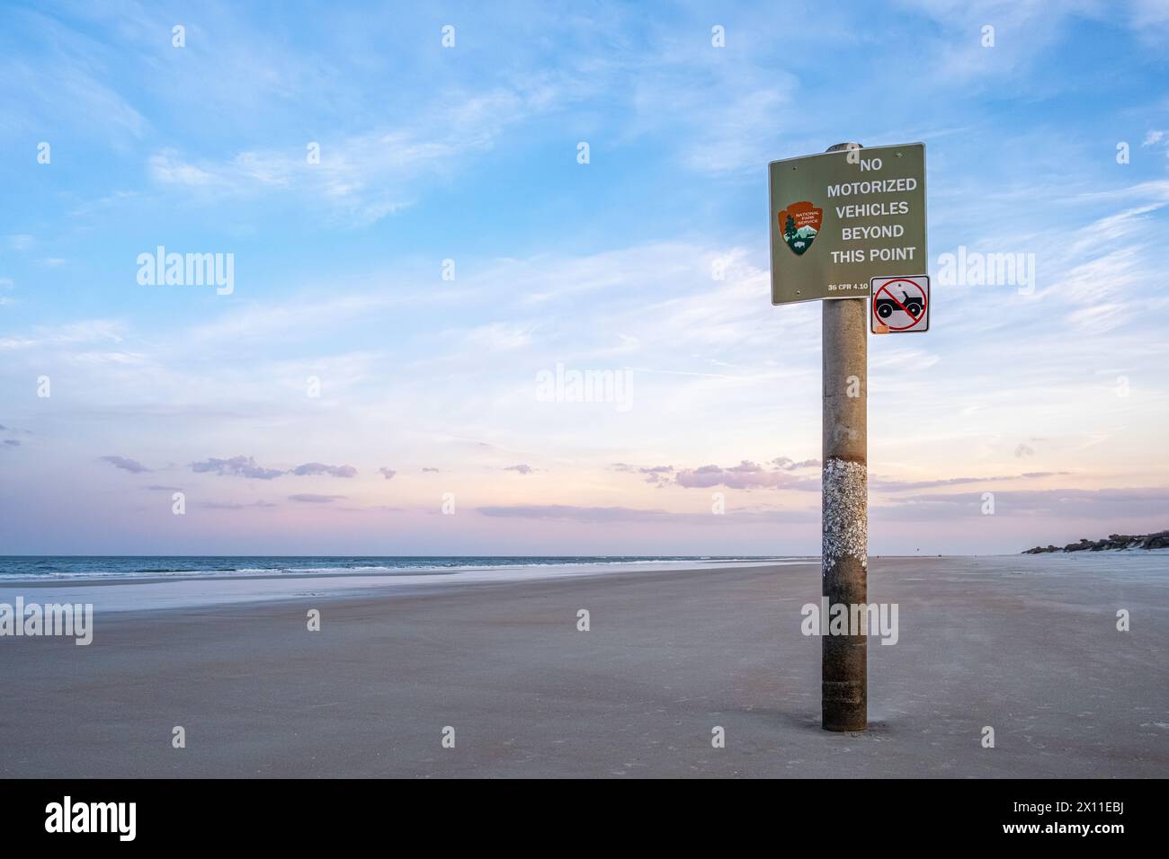 National Park Service sign at the Fort Matanzas Beach Drive Access on Anastasia Island in Crescent Beach, Florida, near St. Augustine. (USA) Stock Photo