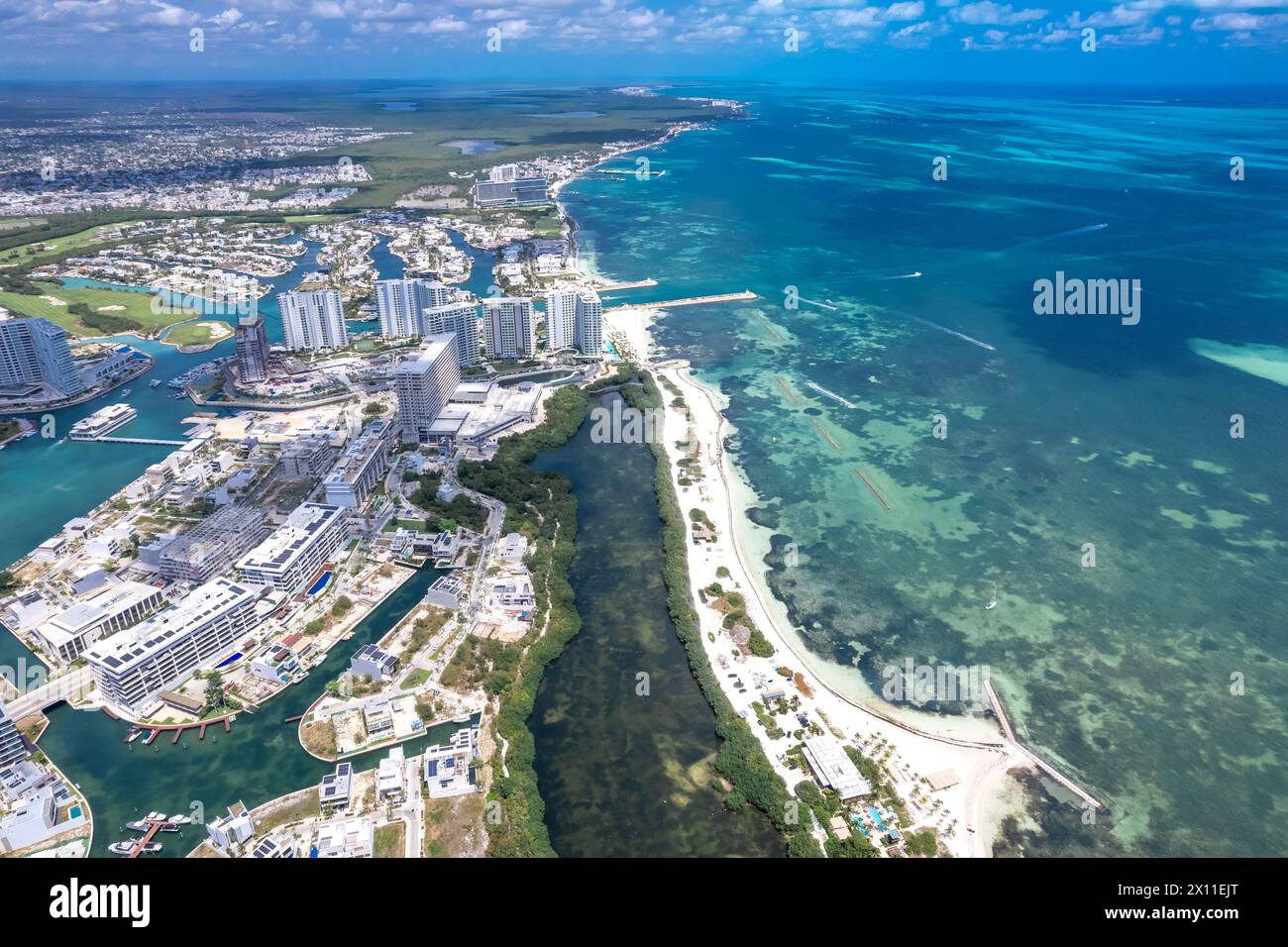 Drone view of Puerto Cancun, Mexico Stock Photo