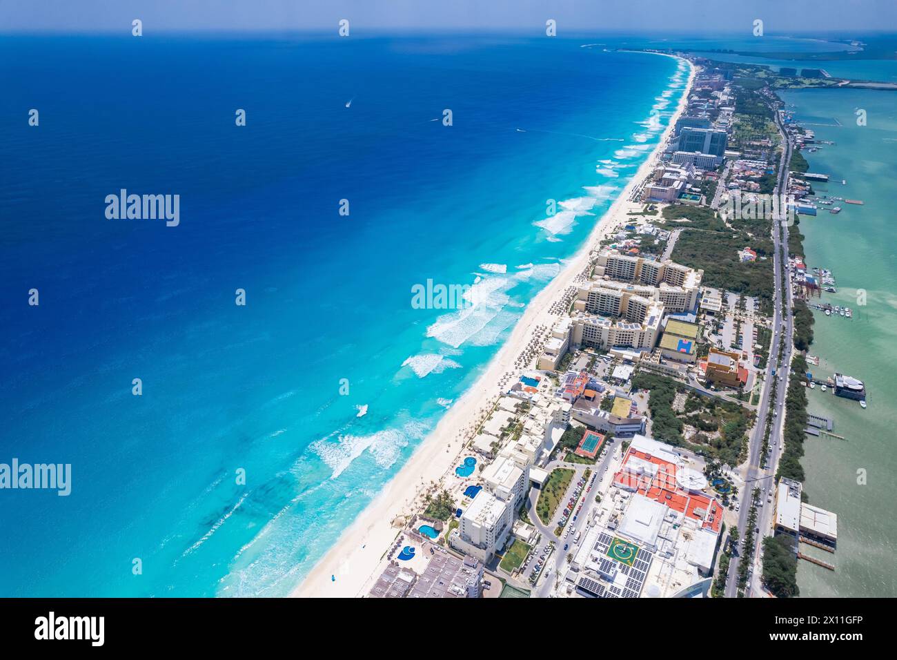 Drone view of Cancun Hotel Zone, Mexico Stock Photo