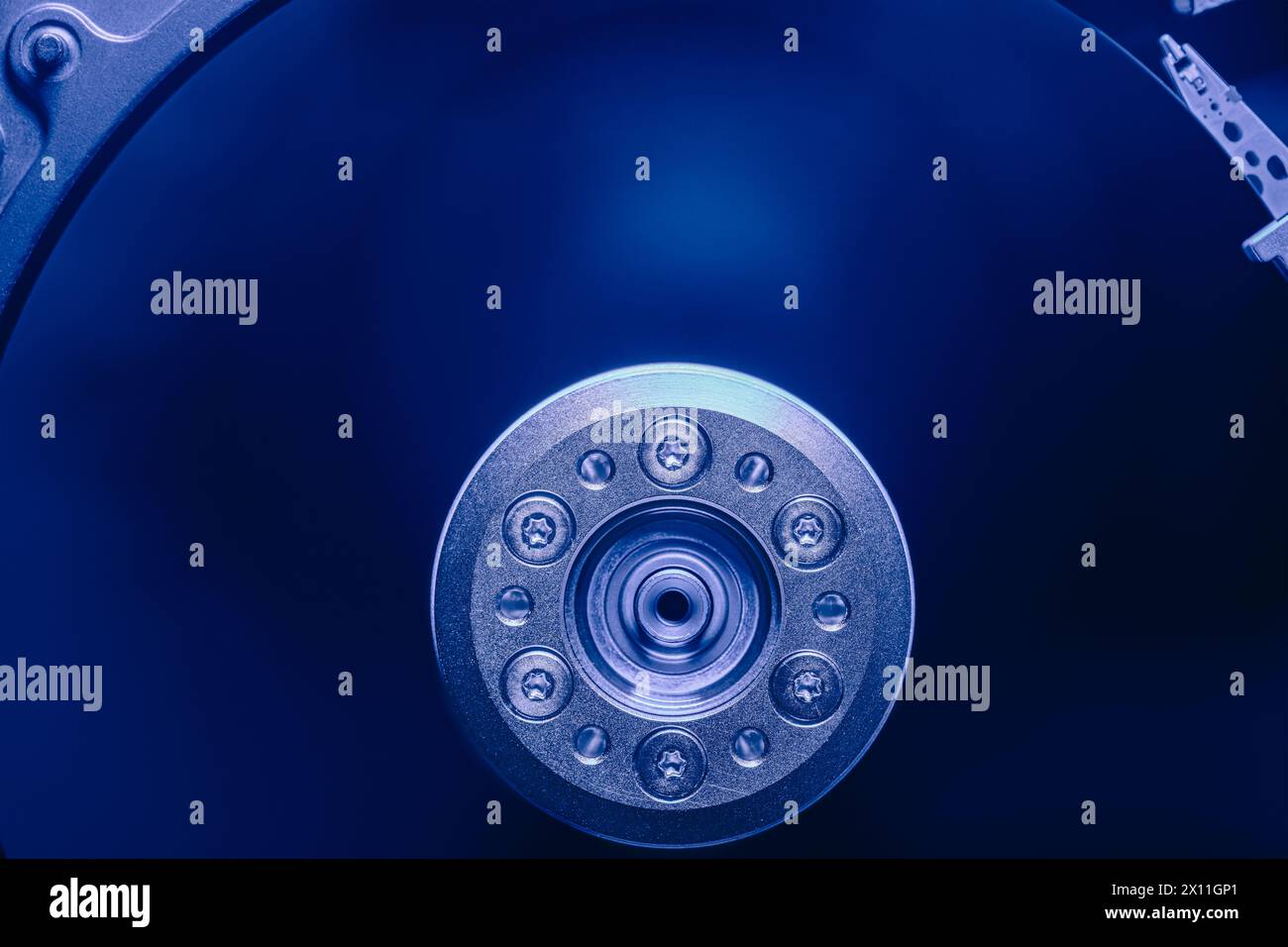 hard disk drive without the top protective cover. abstract electronics background. Stock Photo