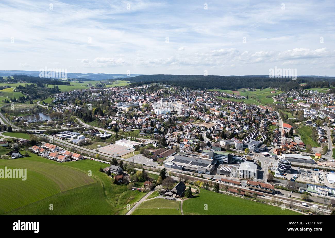 Sankt Georgen, Germany. 14th Apr, 2024. Aerial view of Sankt Georgen (taken with a drone). Credit: Silas Stein/dpa/Alamy Live News Stock Photo
