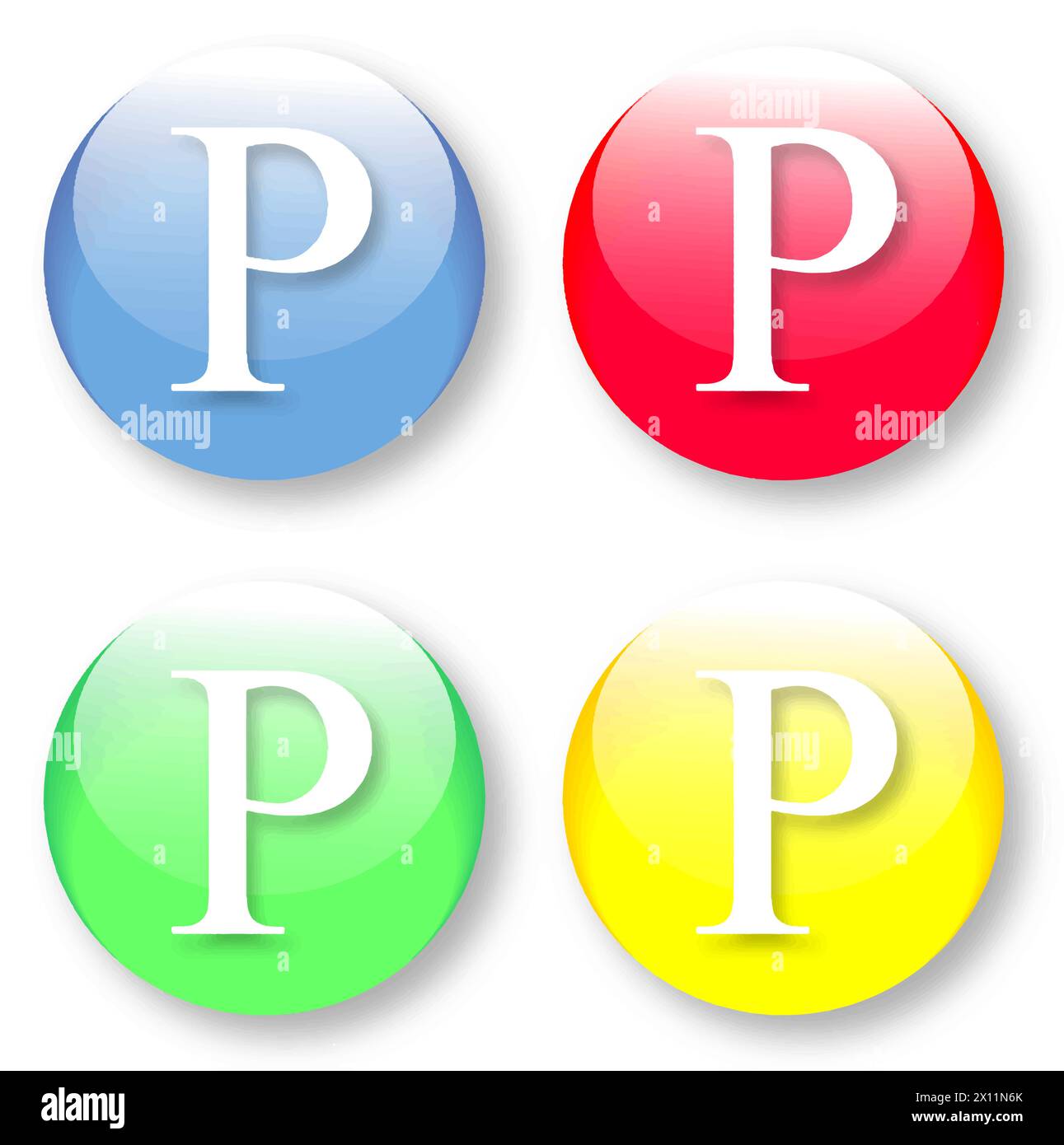 Letter P Times New Roman font type icons set on blue, red, green and yellow glassy buttons isolated on white background. Vector illustration may be re Stock Vector