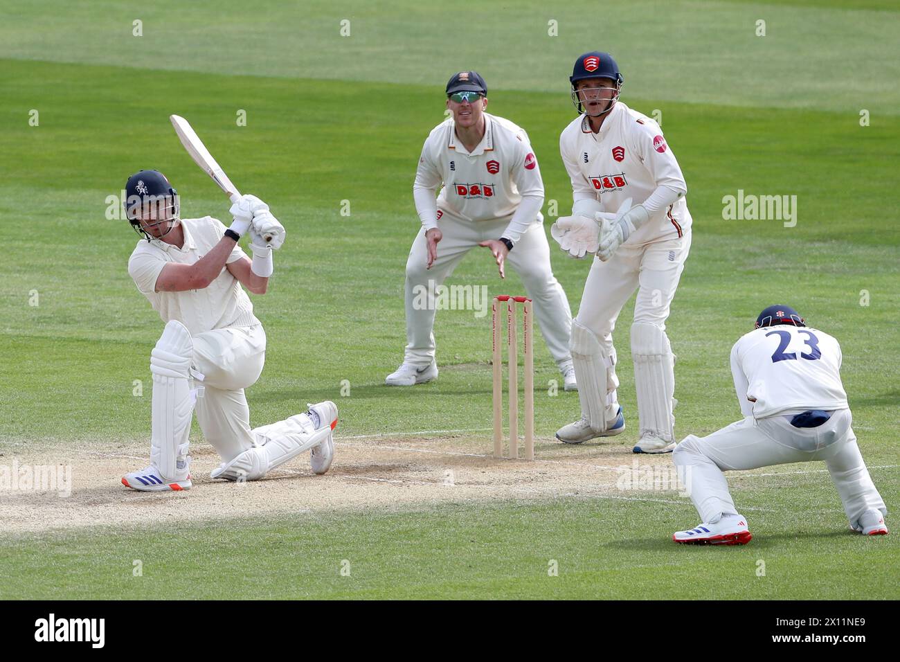 Nathan Gilchrist hits 6 runs for Kent during Essex CCC vs Kent CCC, Vitality County Championship Division 1 Cricket at The Cloud County Ground on 14th Stock Photo