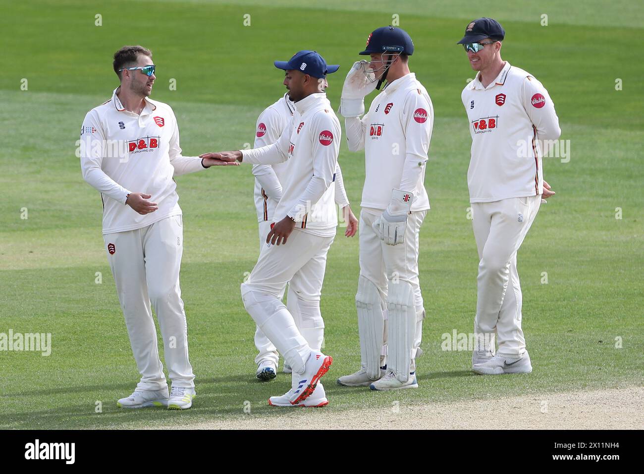 Matt Critchley celebrates with his team mates after taking the wicket of Matt Parkinson during Essex CCC vs Kent CCC, Vitality County Championship Div Stock Photo