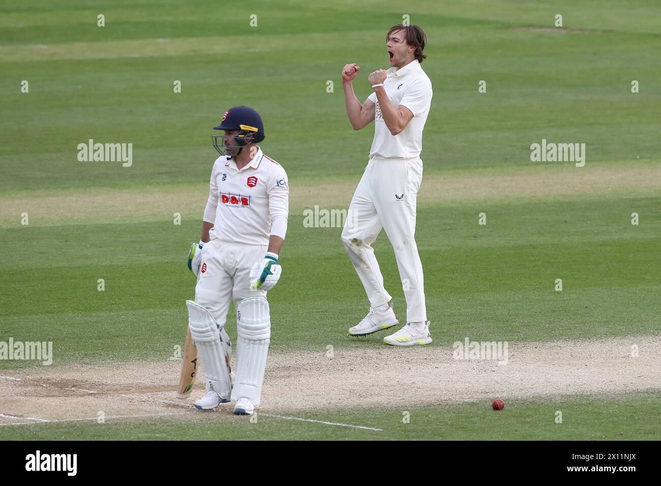 George Garrett of Kent celebrates taking the wicket of Dean Elgar during Essex CCC vs Kent CCC, Vitality County Championship Division 1 Cricket at The Stock Photo