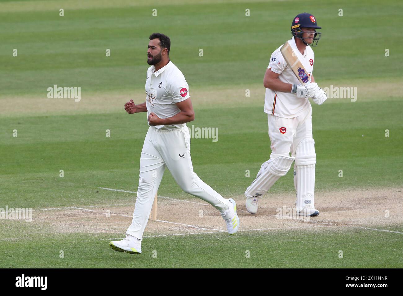 Wes Agar of Kent celebrates taking the wicket of Tom Westley during Essex CCC vs Kent CCC, Vitality County Championship Division 1 Cricket at The Clou Stock Photo